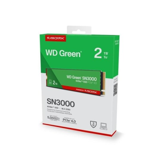 SSD NVMe WD Green SN3000 da 2TB in confezione verde su sfondo bianco.
