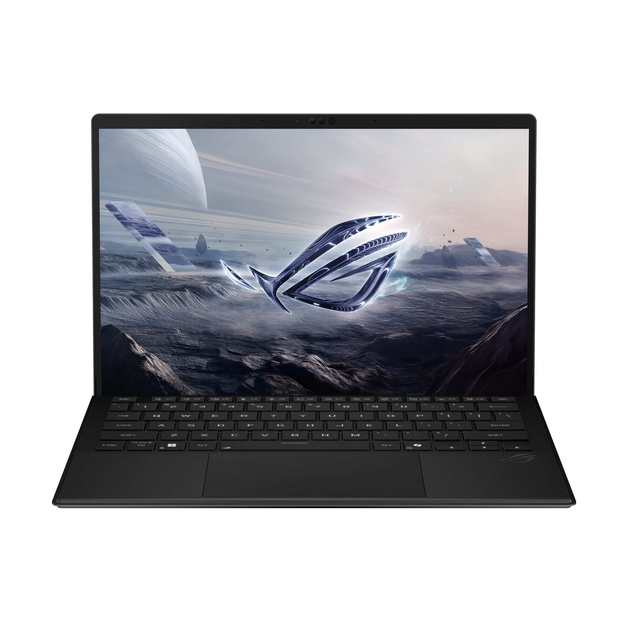 Laptop nero con logo ROG su sfondo futuristico.