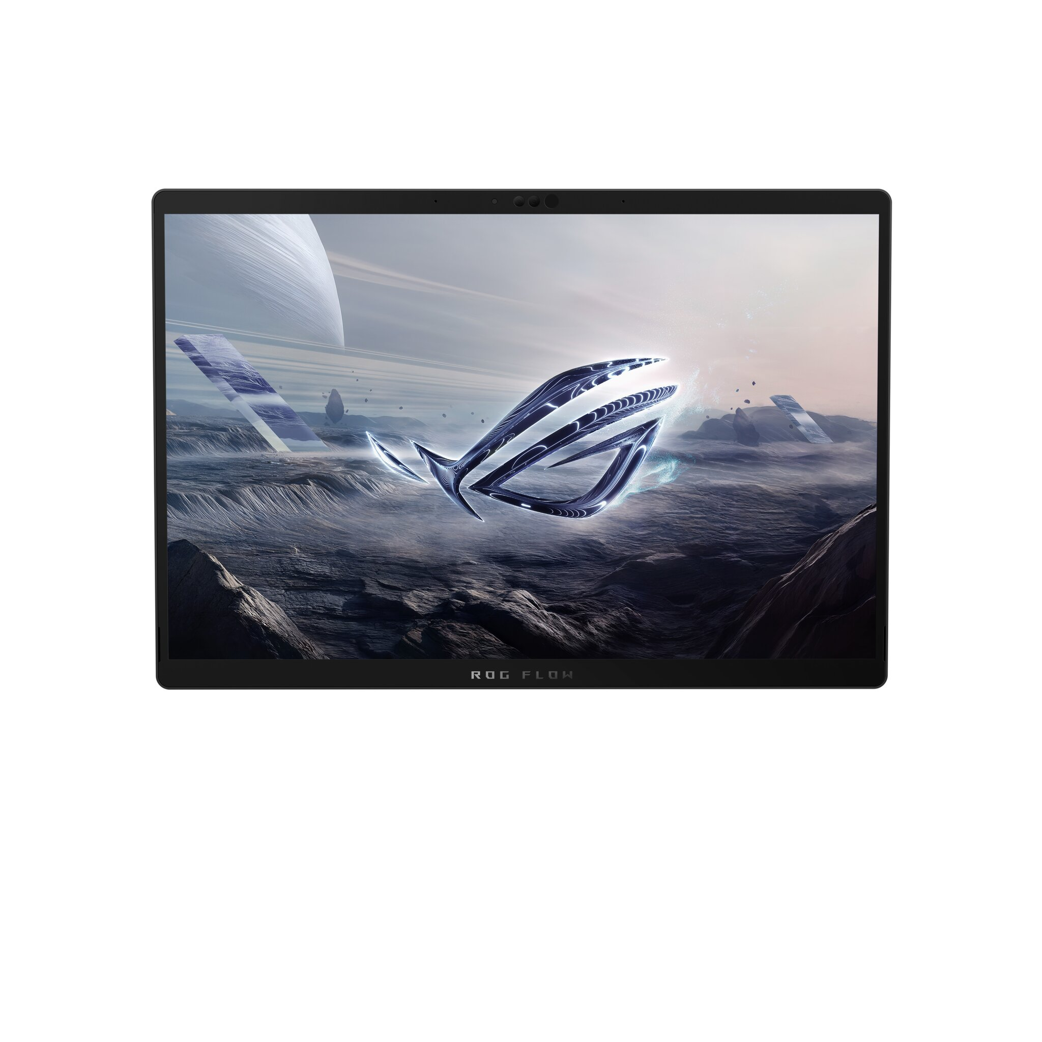 Laptop ROG Flow mostra un logo futuristico su un paesaggio roccioso.