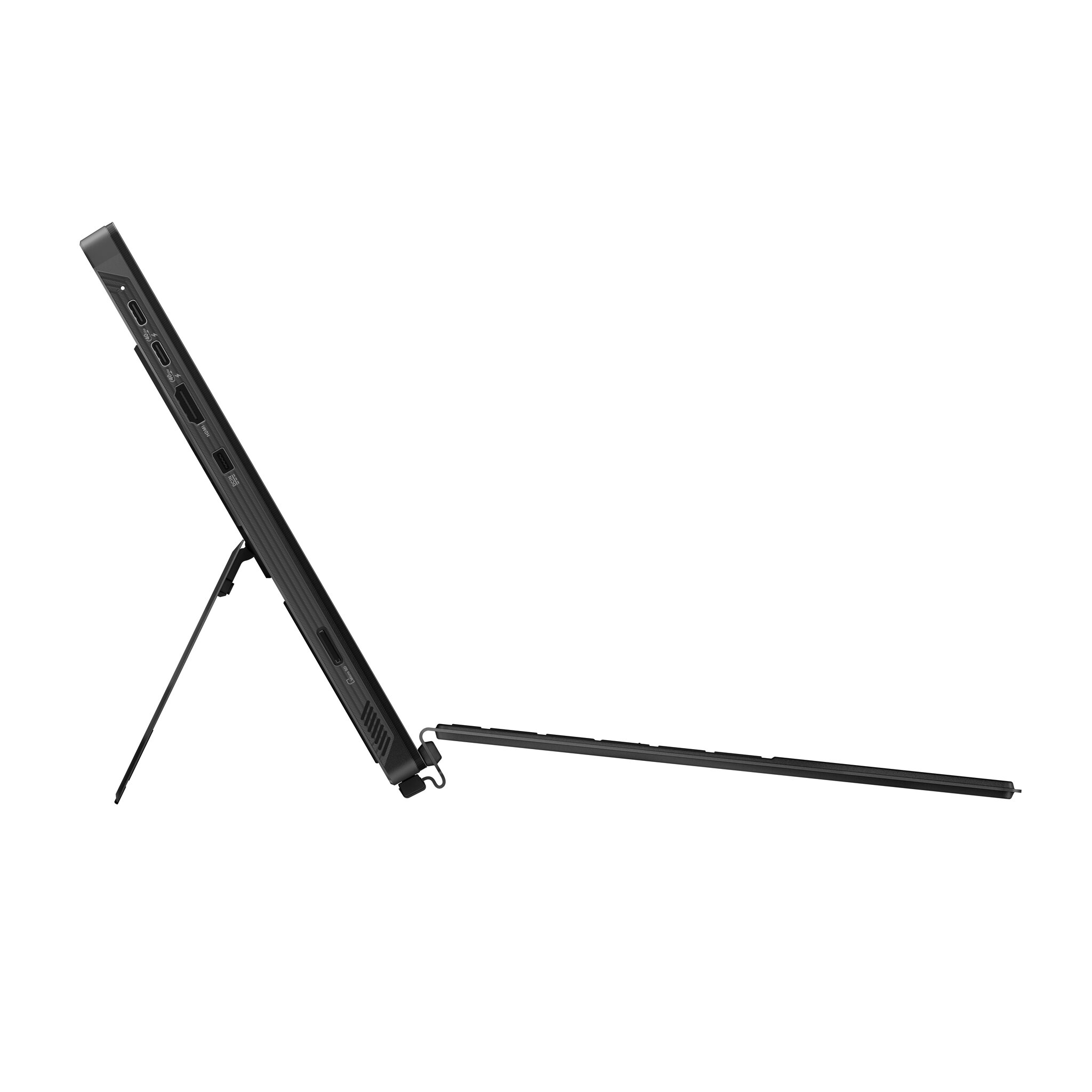 Un tablet convertibile nero con supporto e tastiera è aperto.