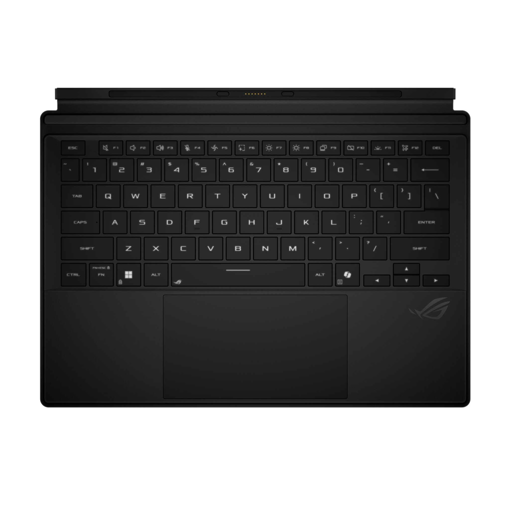 Tastiera nera con touchpad e logo ROG. Vista dall'alto.