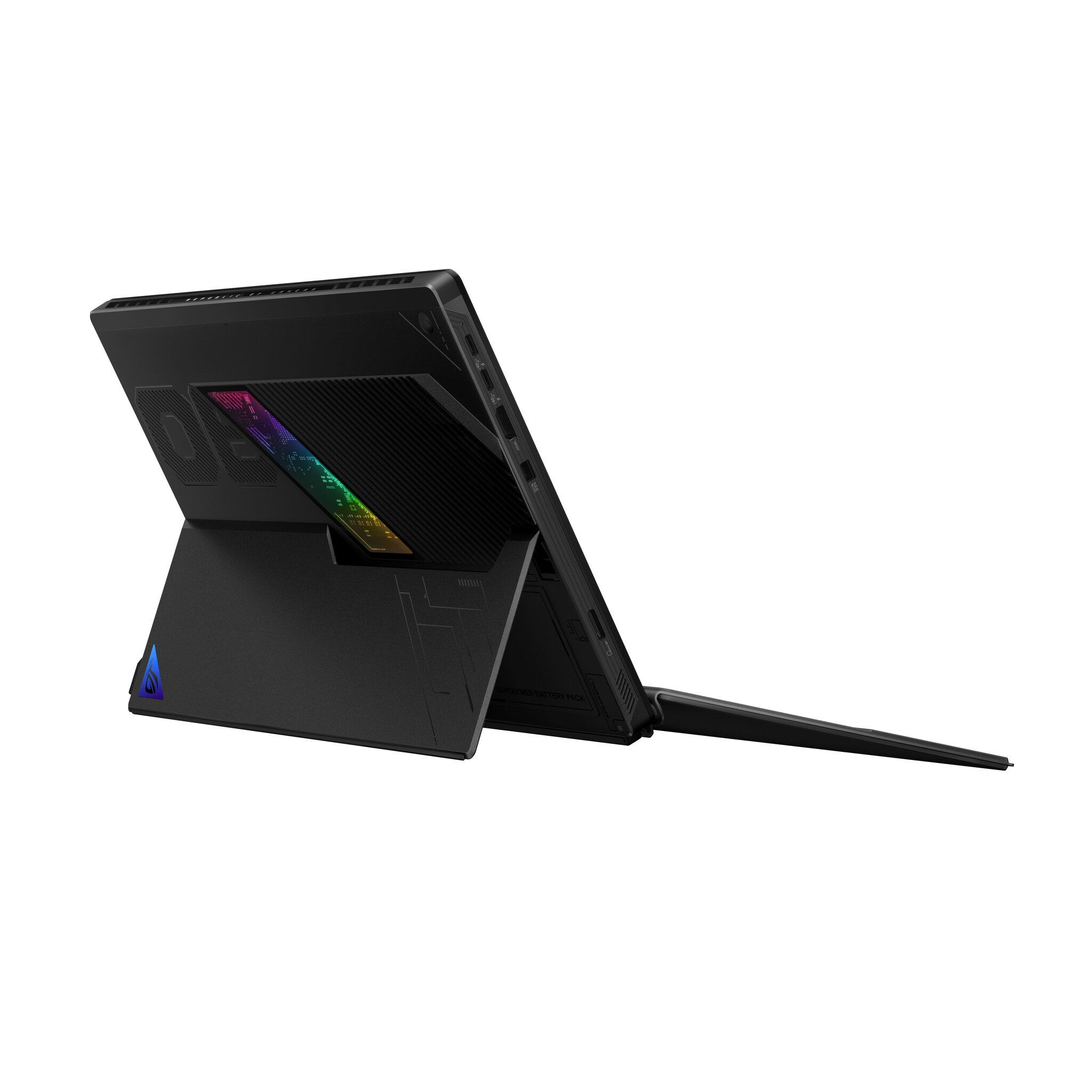 Laptop nero con illuminazione RGB su supporto, visto di lato.