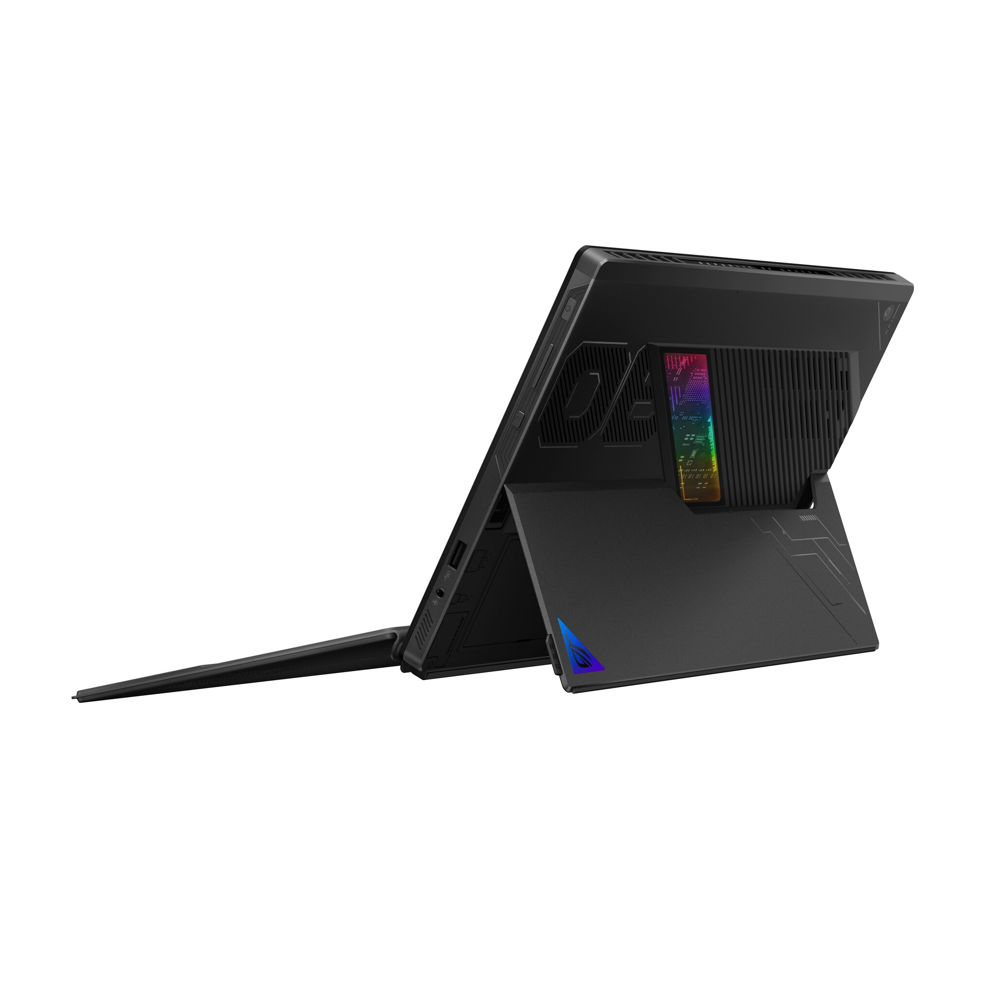 Laptop nero con supporto esteso e logo illuminato.