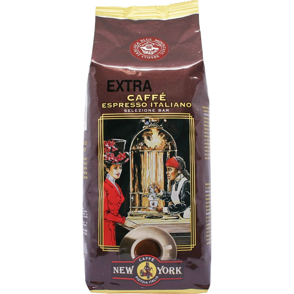 Eine Tüte Caffe New York Espressokaffee mit einer Vintage-Illustration.