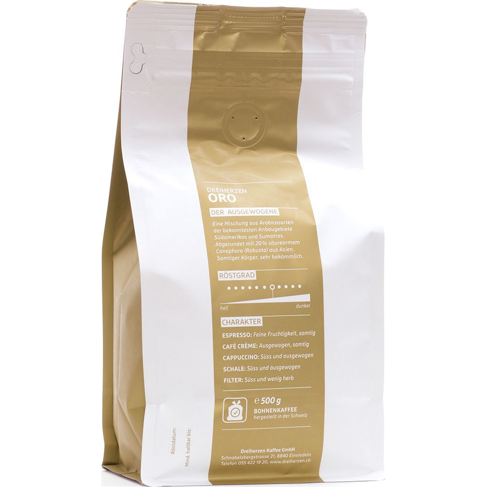 Eine gold-weiße Kaffeepackung mit Röstgrad und Charakterbeschreibung.