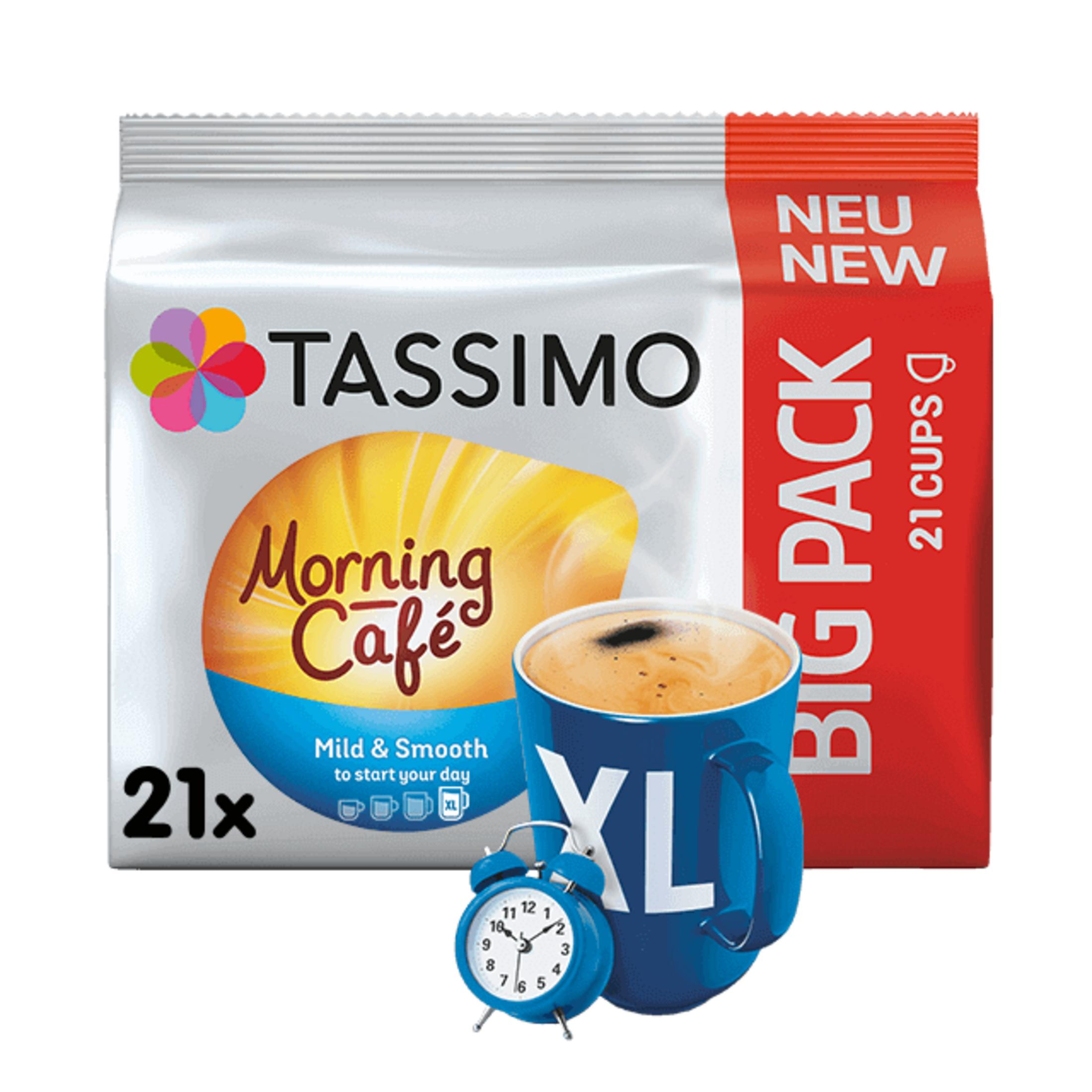 Confezione Tassimo Morning Cafe con tazza blu, sveglia e testo.