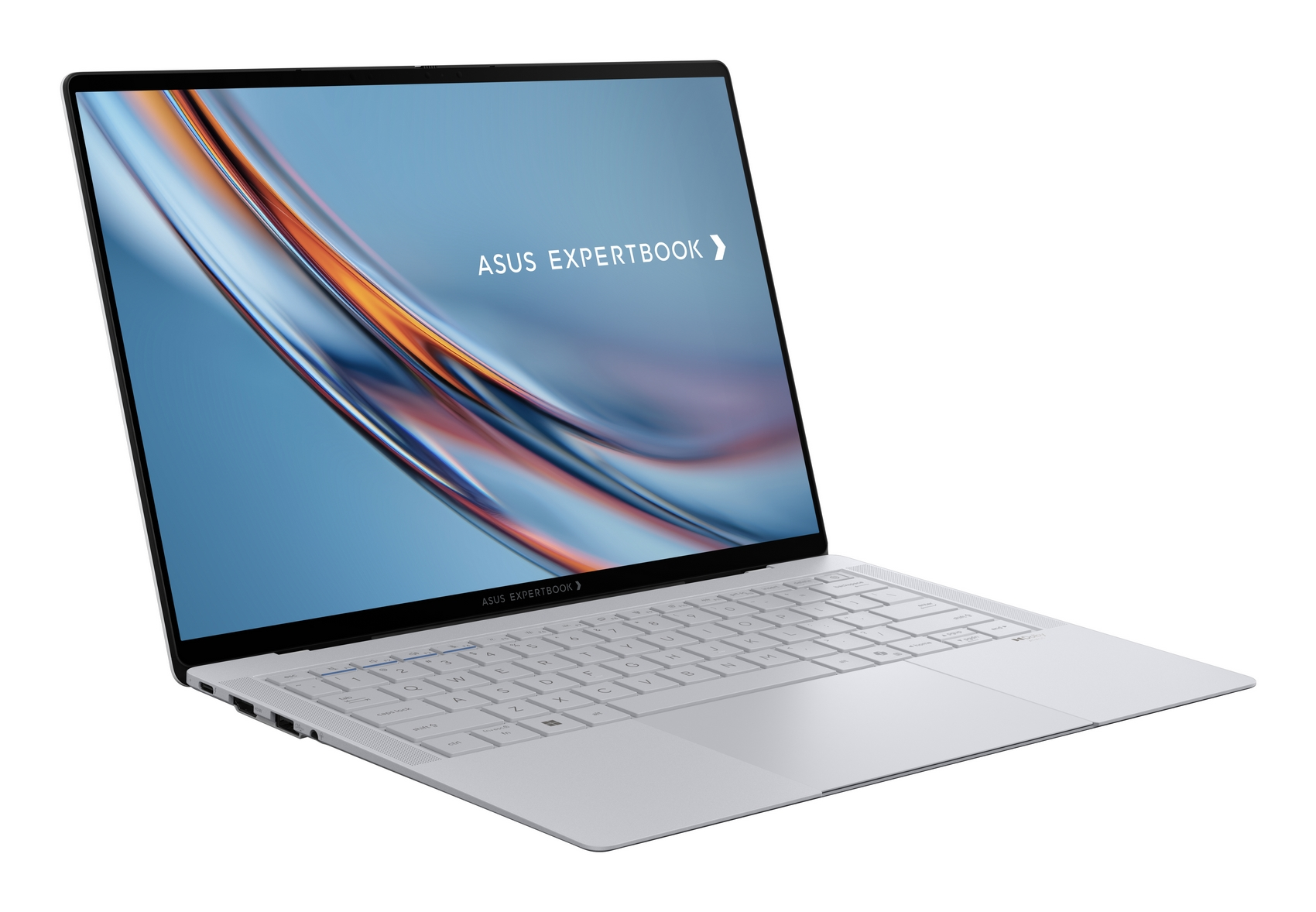 Un laptop Asus Expertbook grigio chiaro con uno sfondo astratto sullo schermo.
