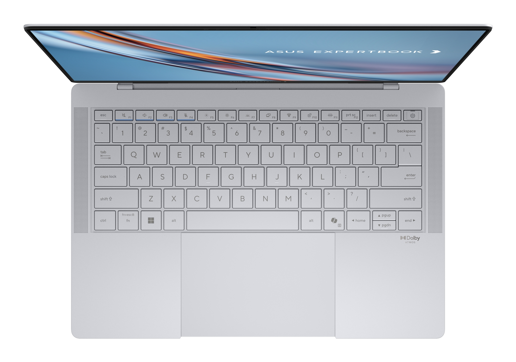 Laptop argentato, aperto, mostra tastiera e touchpad. Asus ExpertBook.