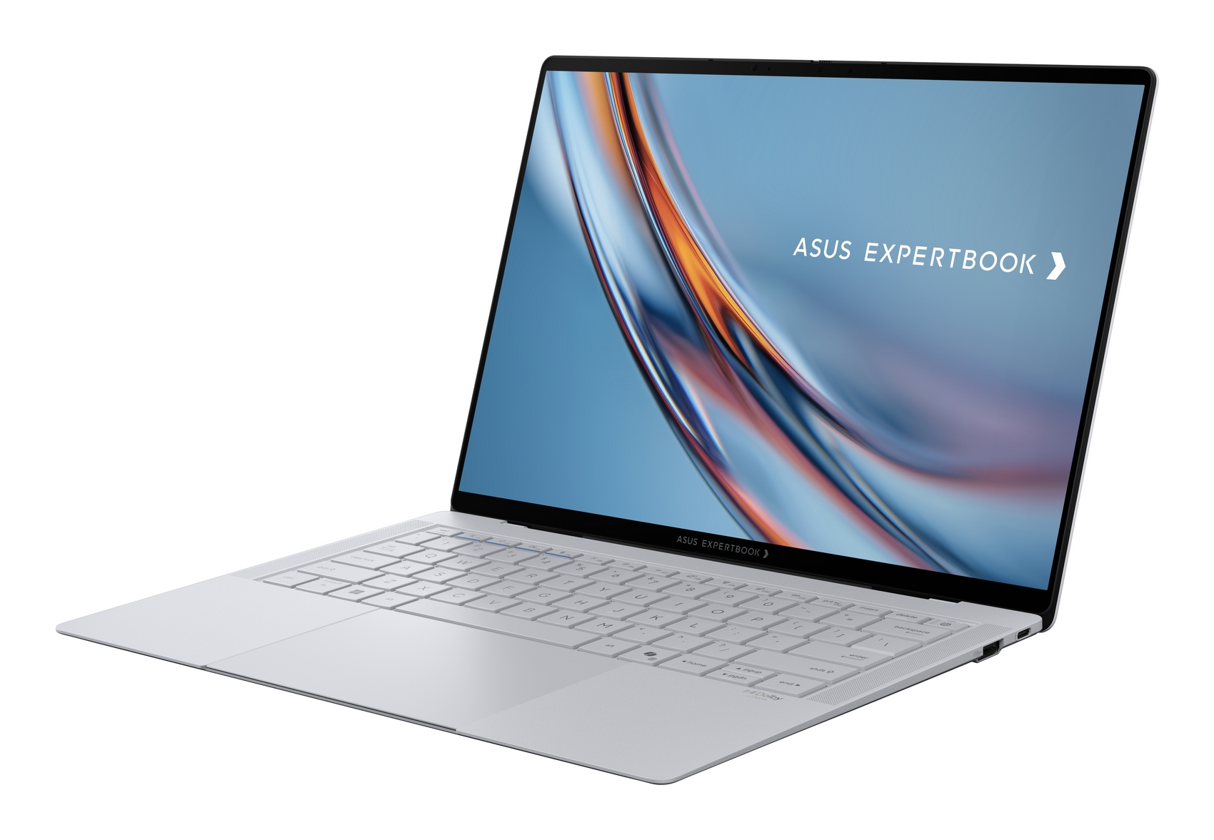 Un laptop ASUS ExpertBook argento è aperto, mostrando uno schermo blu con un design astratto di onde colorate.