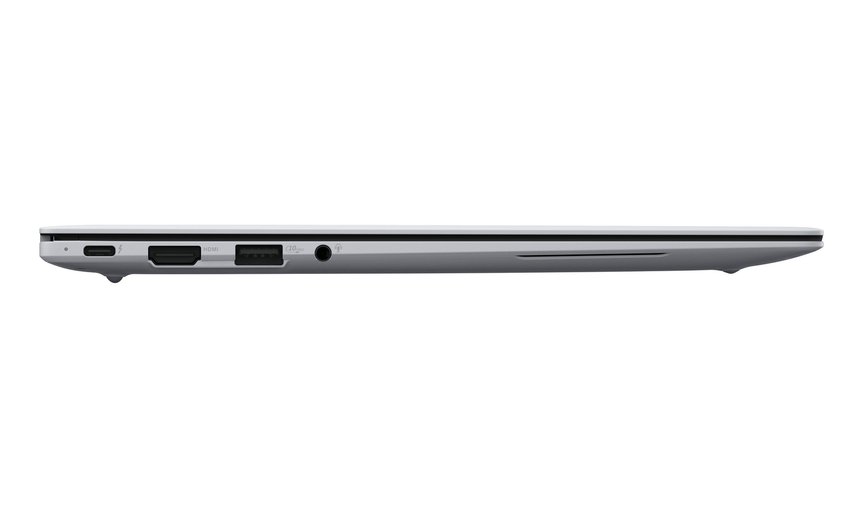 Bordo laptop argento con porte USB-C, HDMI e USB-A.