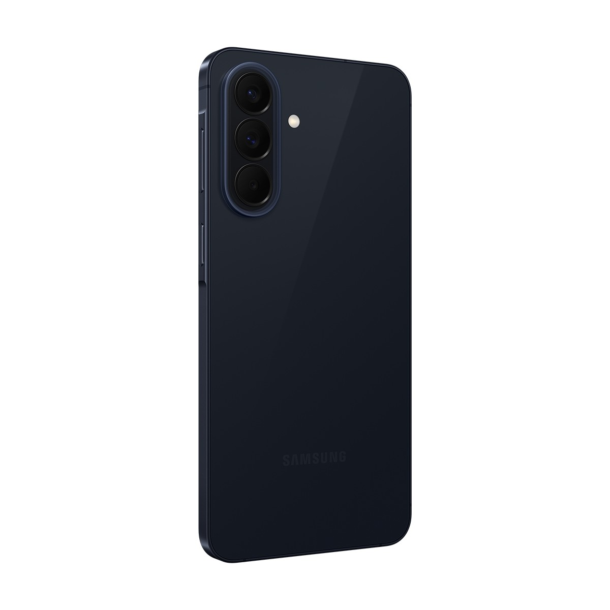 Teléfono inteligente azul oscuro con tres cámaras y logo de Samsung detrás.