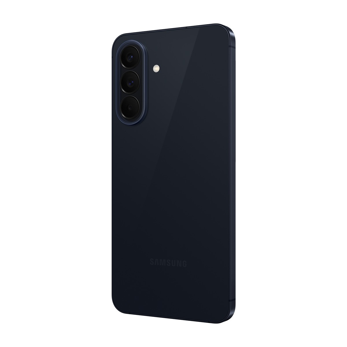 Smartphone Samsung azul oscuro de espaldas con tres cámaras y flash.