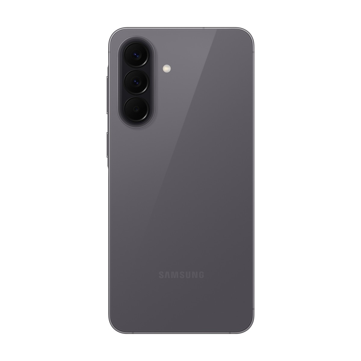 Üç kamera ve flaş gösteren gri Samsung akıllı telefonun arkası.