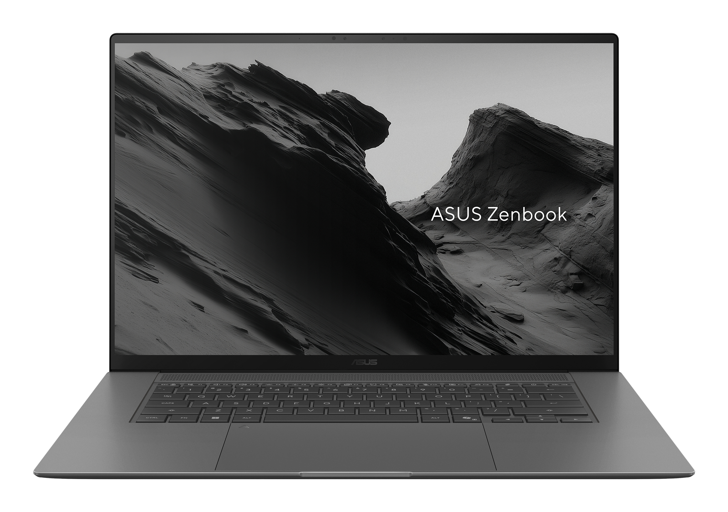 Un laptop ASUS Zenbook grigio che visualizza uno sfondo di paesaggio montuoso.