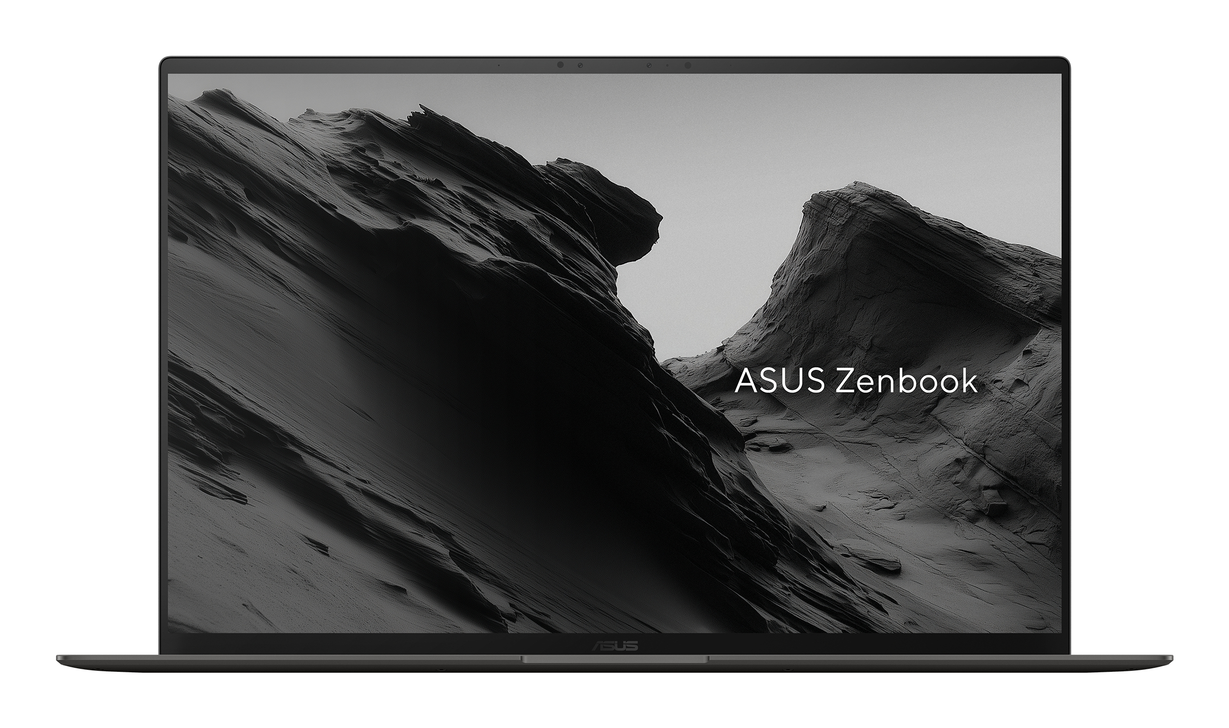 Un laptop aperto mostra un paesaggio in bianco e nero con il testo "ASUS Zenbook".