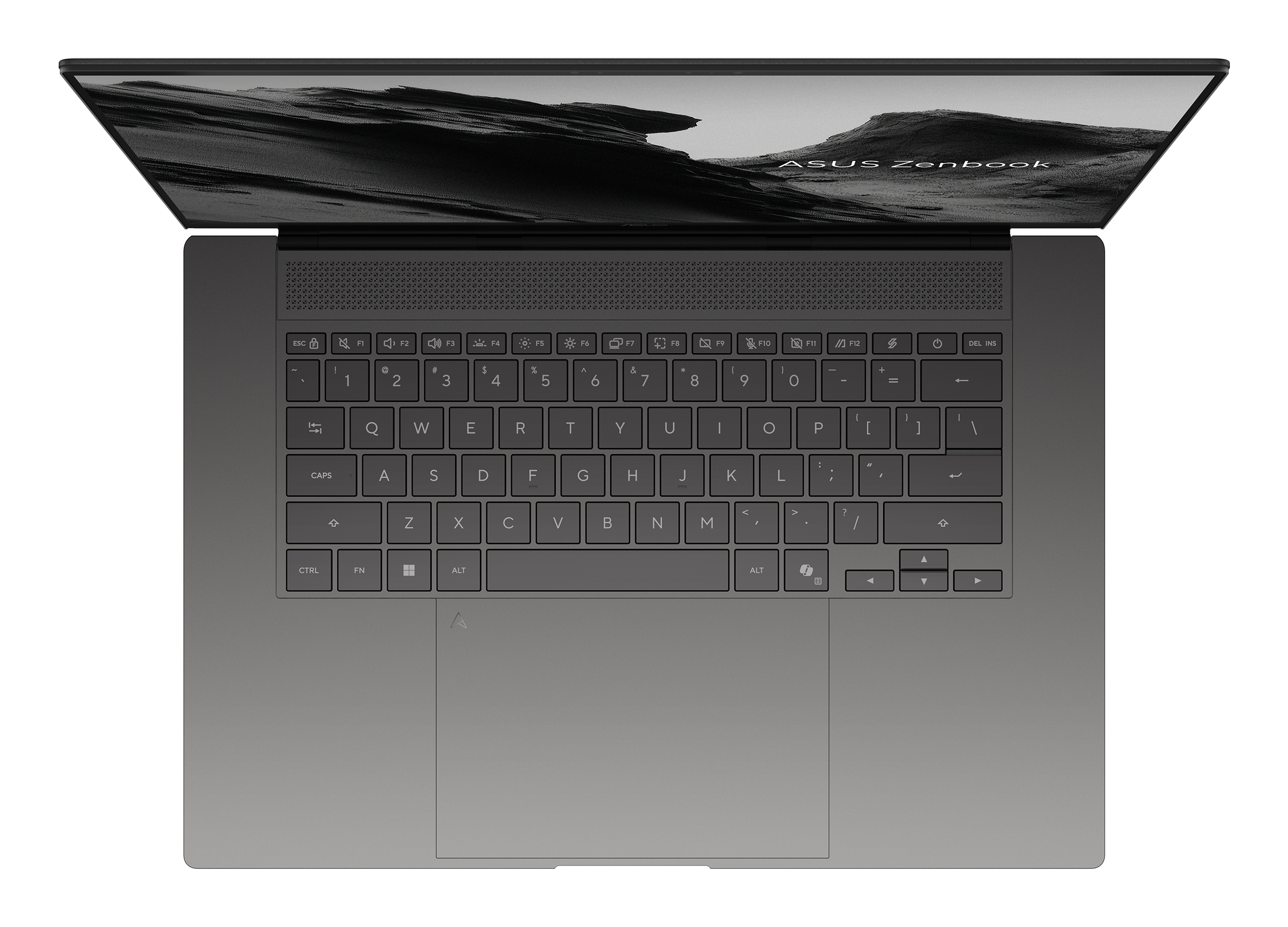 Un laptop ASUS Zenbook grigio, aperto, mostra tastiera e schermo con arte astratta.