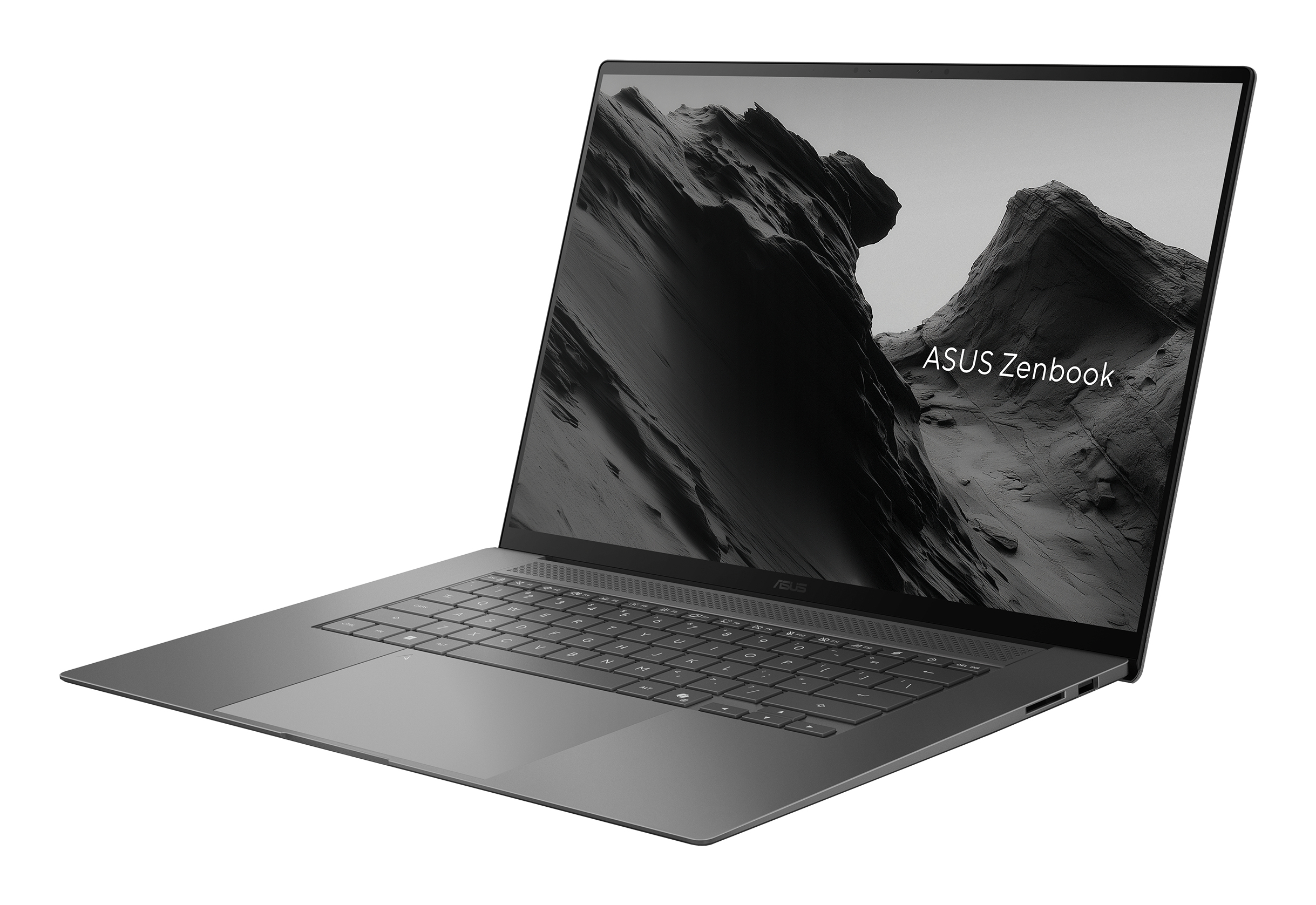 Un laptop Asus Zenbook grigio con uno sfondo montuoso sullo schermo.