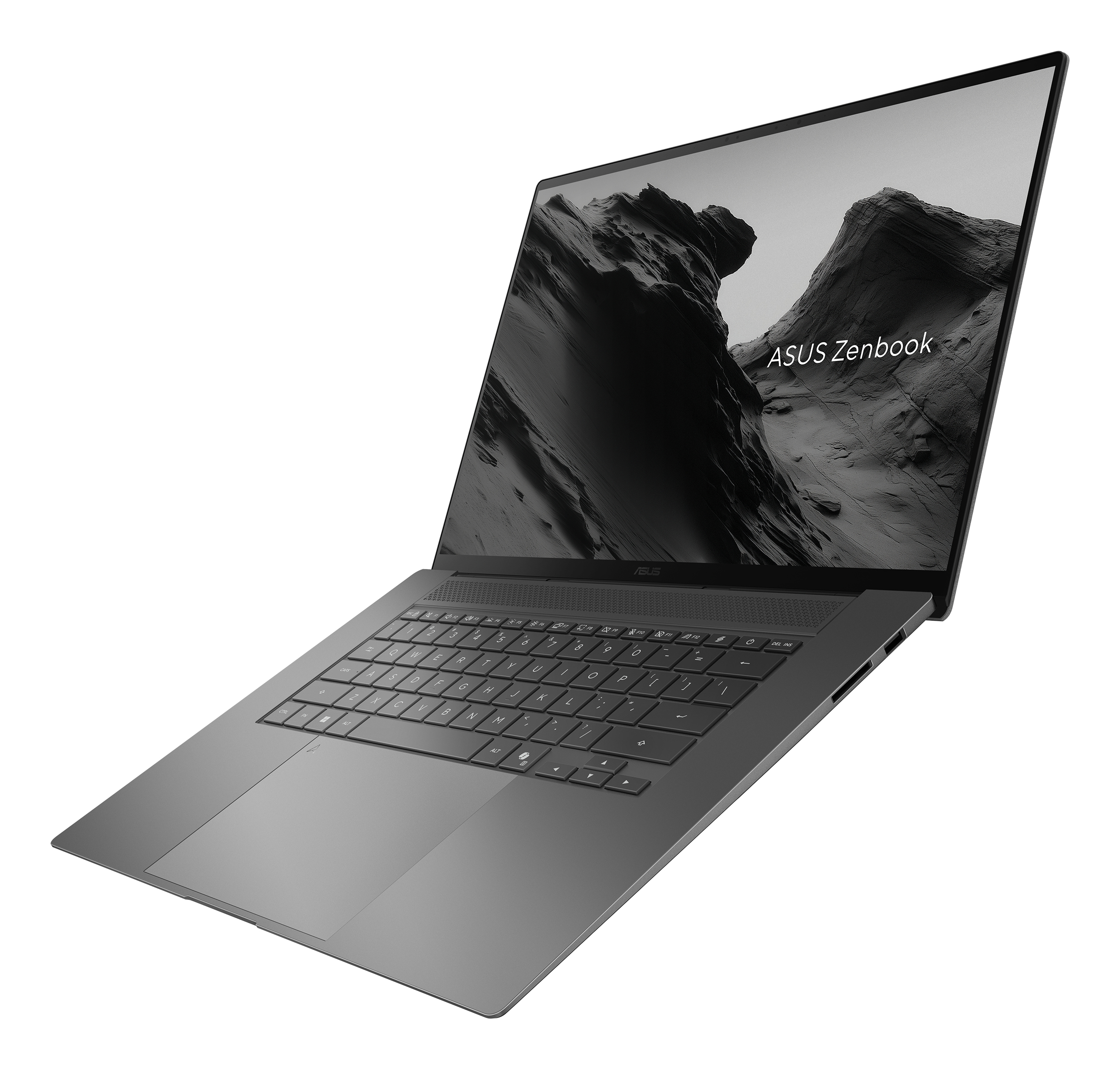 Un laptop Asus Zenbook grigio con tastiera retroilluminata, su sfondo bianco.