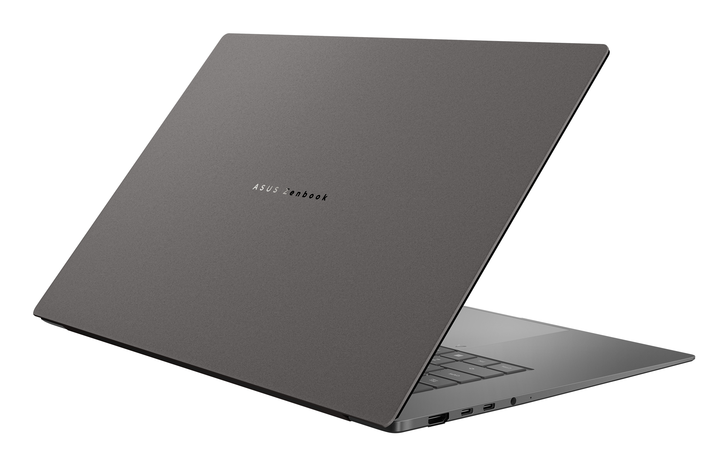 Laptop Asus Zenbook grigio con coperchio aperto, porte USB visibili.