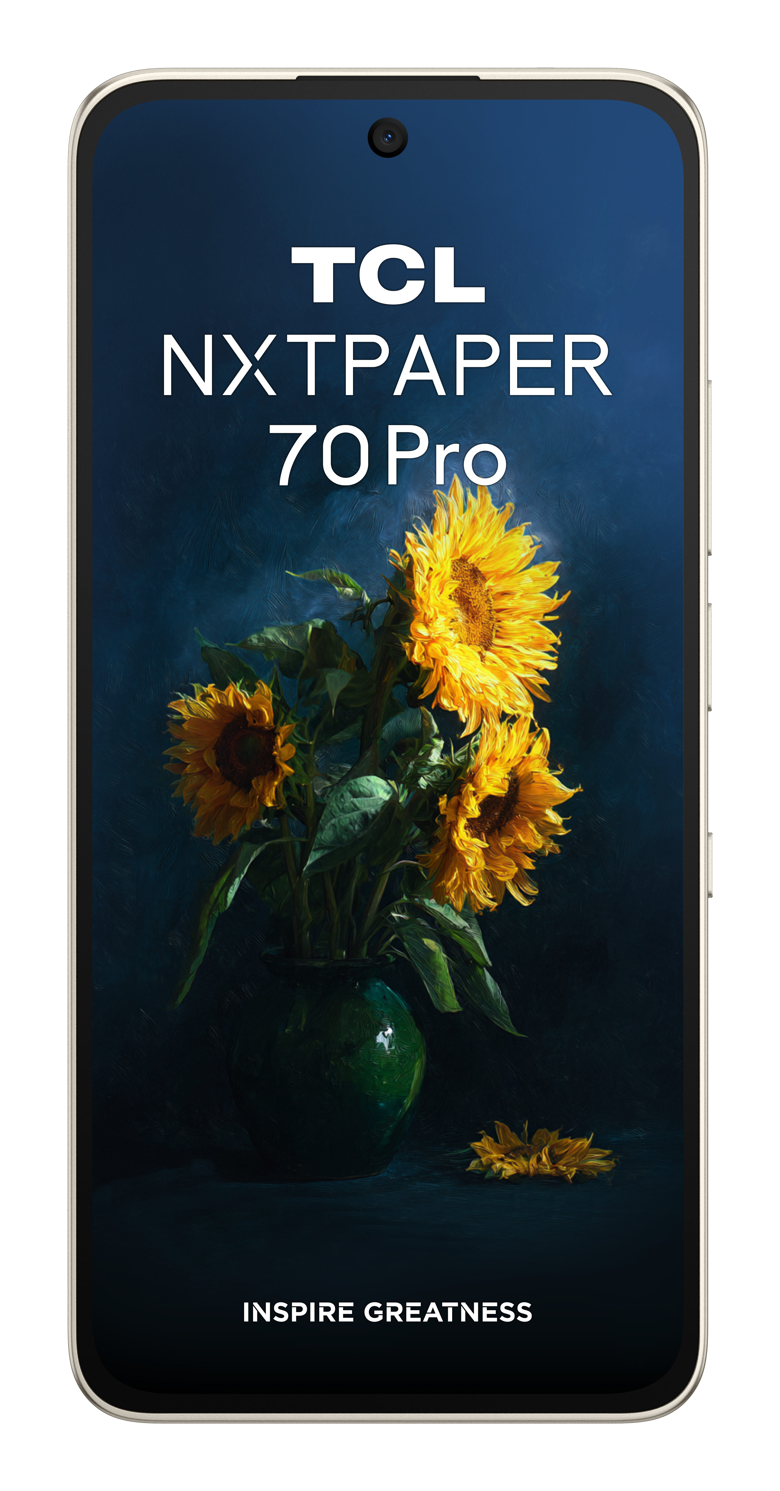 Telefono TCL NXTpaper 70 Pro con girasoli in un vaso.