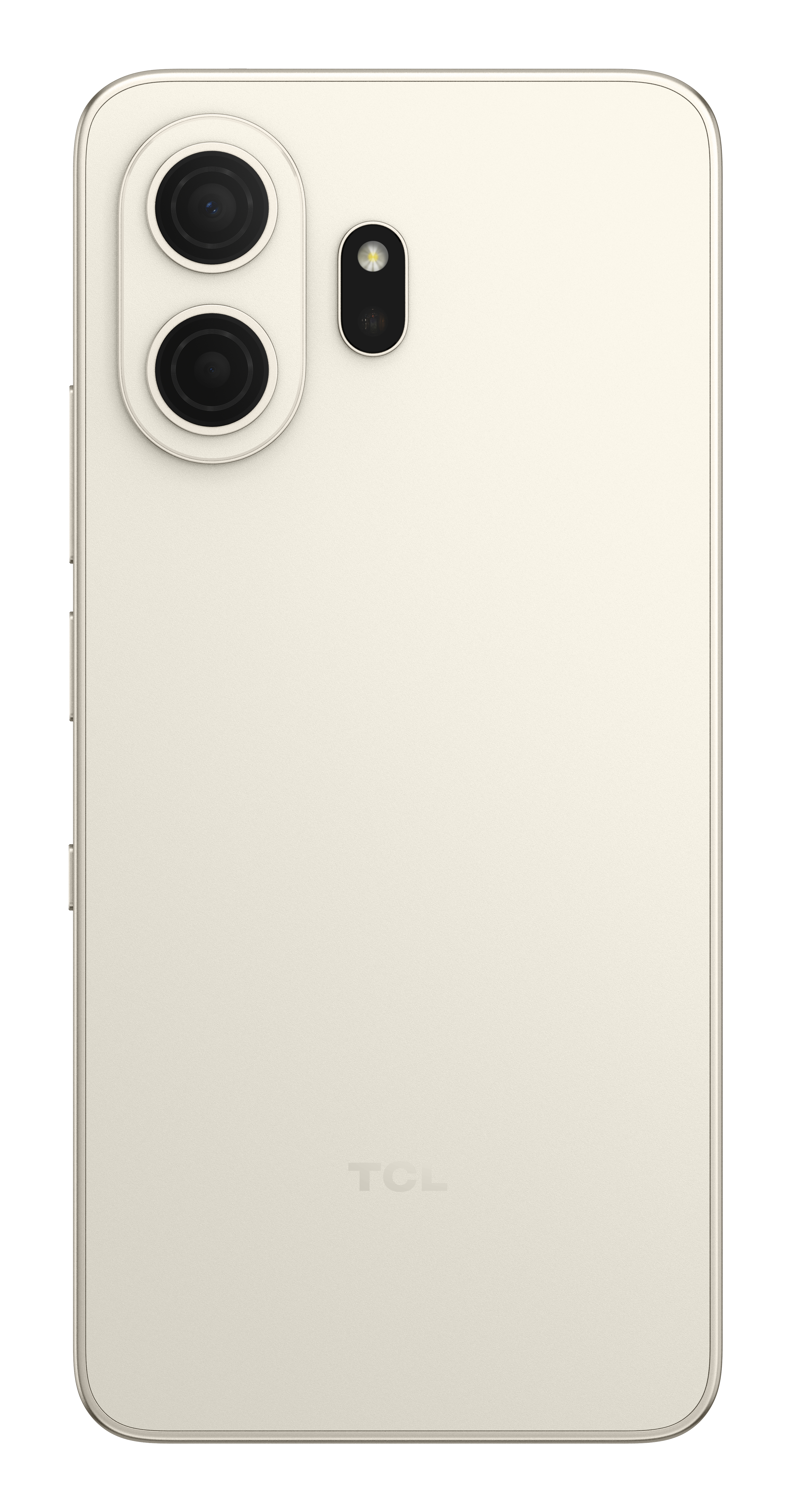 Retro di uno smartphone beige chiaro con due fotocamere e flash.