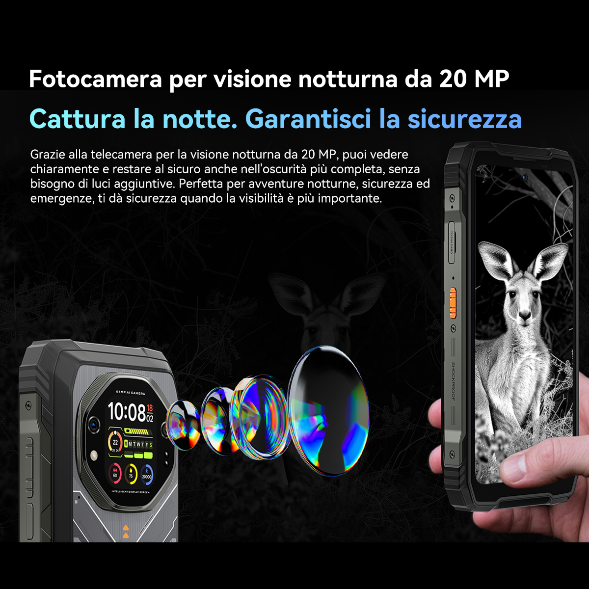 Smartphone robusto con fotocamera notturna mostra canguro su schermo.