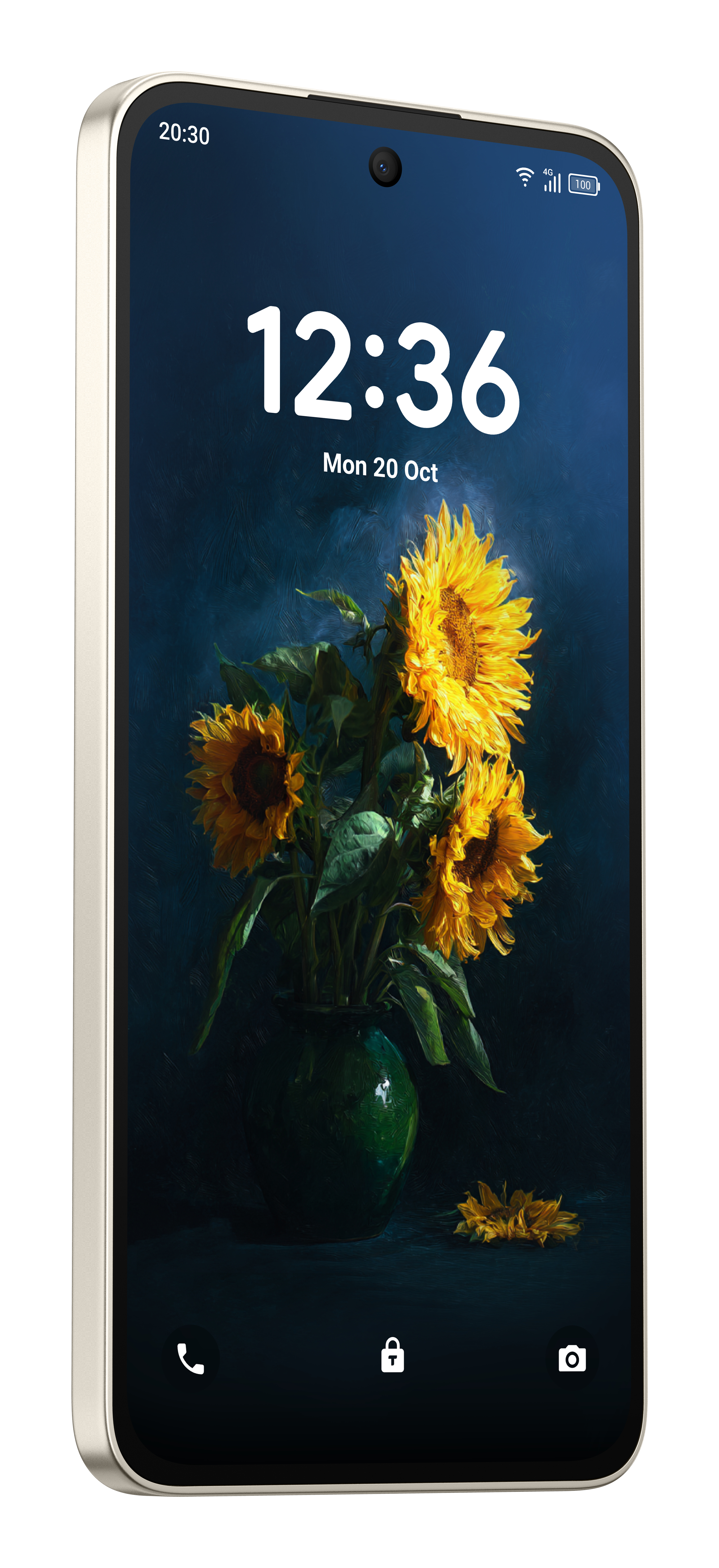 Smartphone con sfondo di girasoli, ora 12:36.