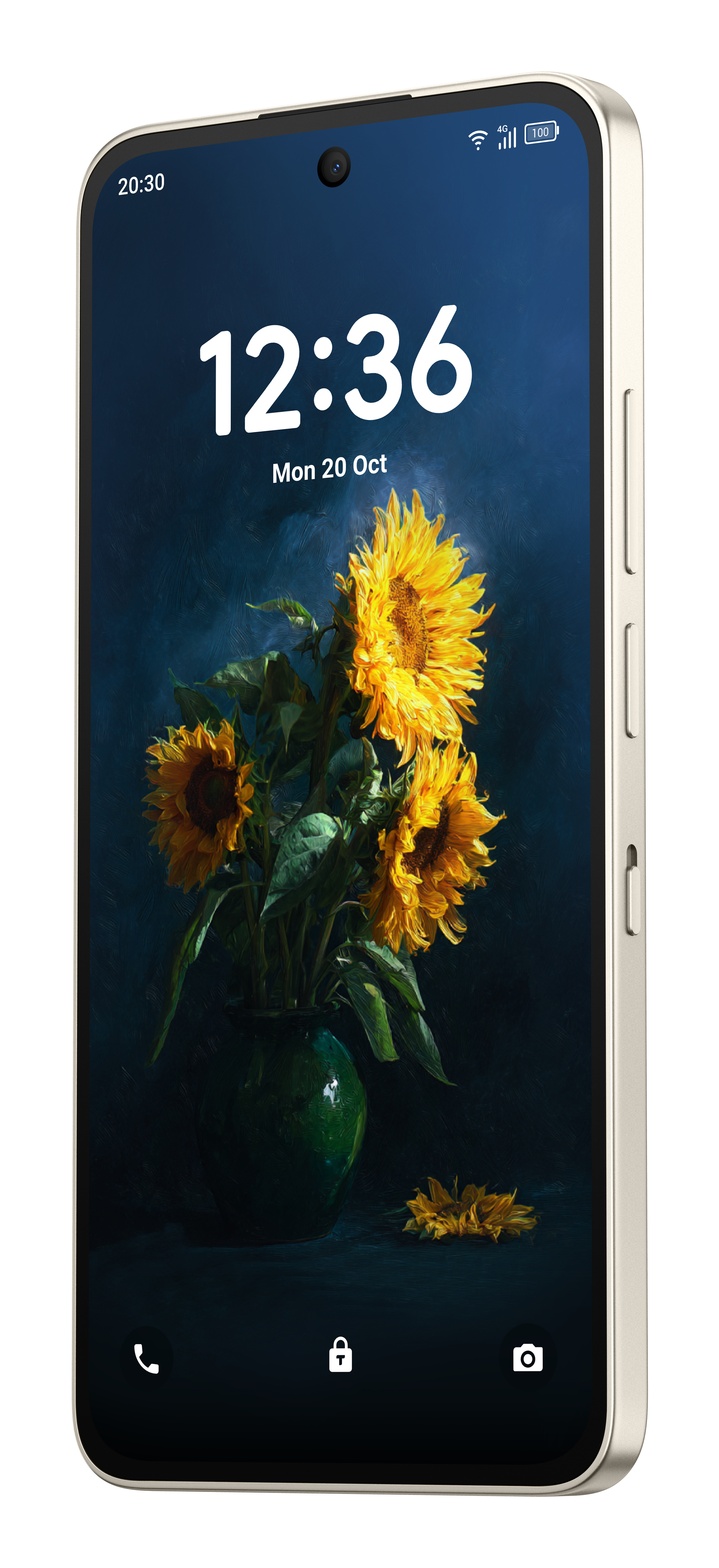 Uno smartphone mostra un mazzo di girasoli in un vaso su sfondo scuro.