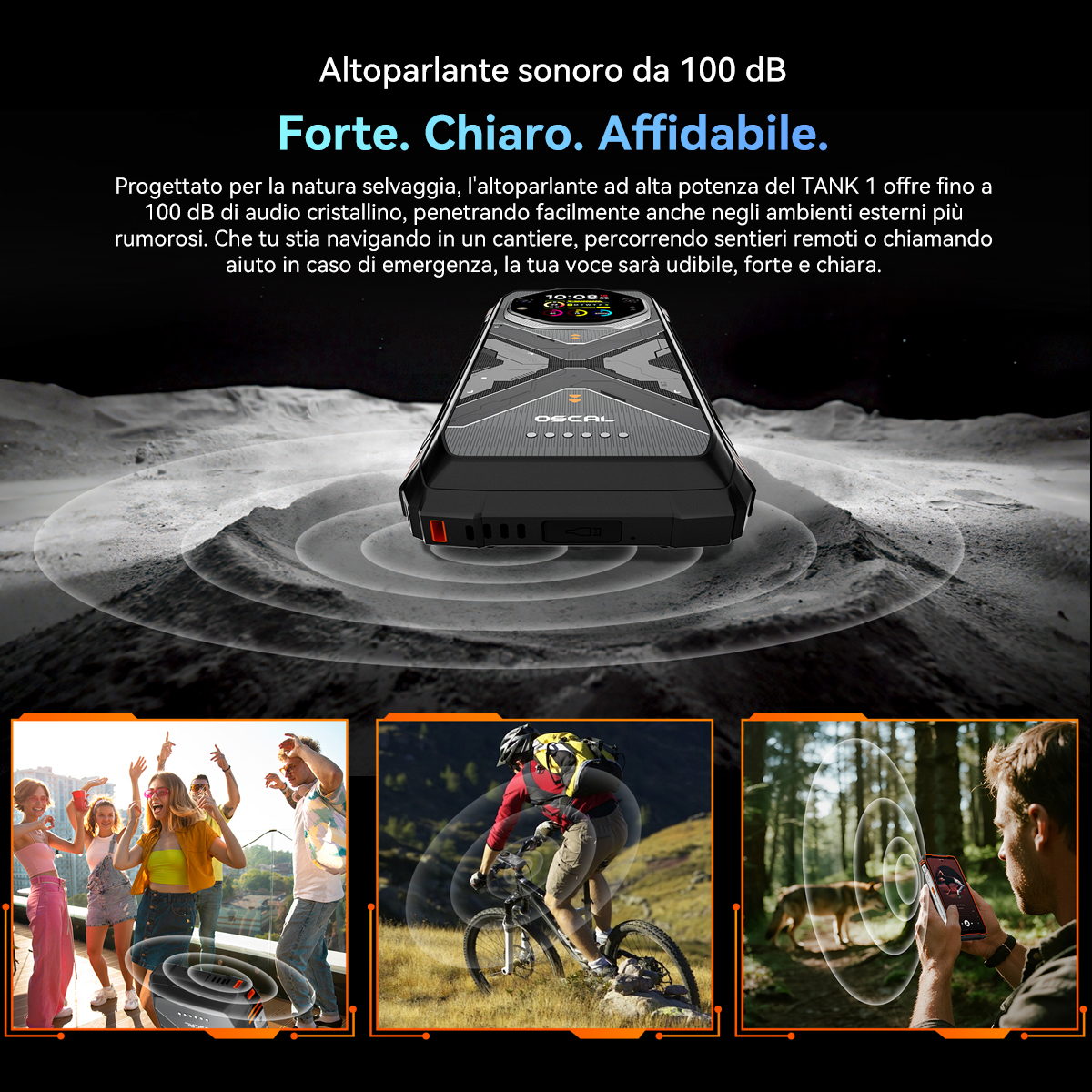 Telefono robusto con altoparlante da 100 dB, mostra festa, ciclista e uomo con telefono in foresta.