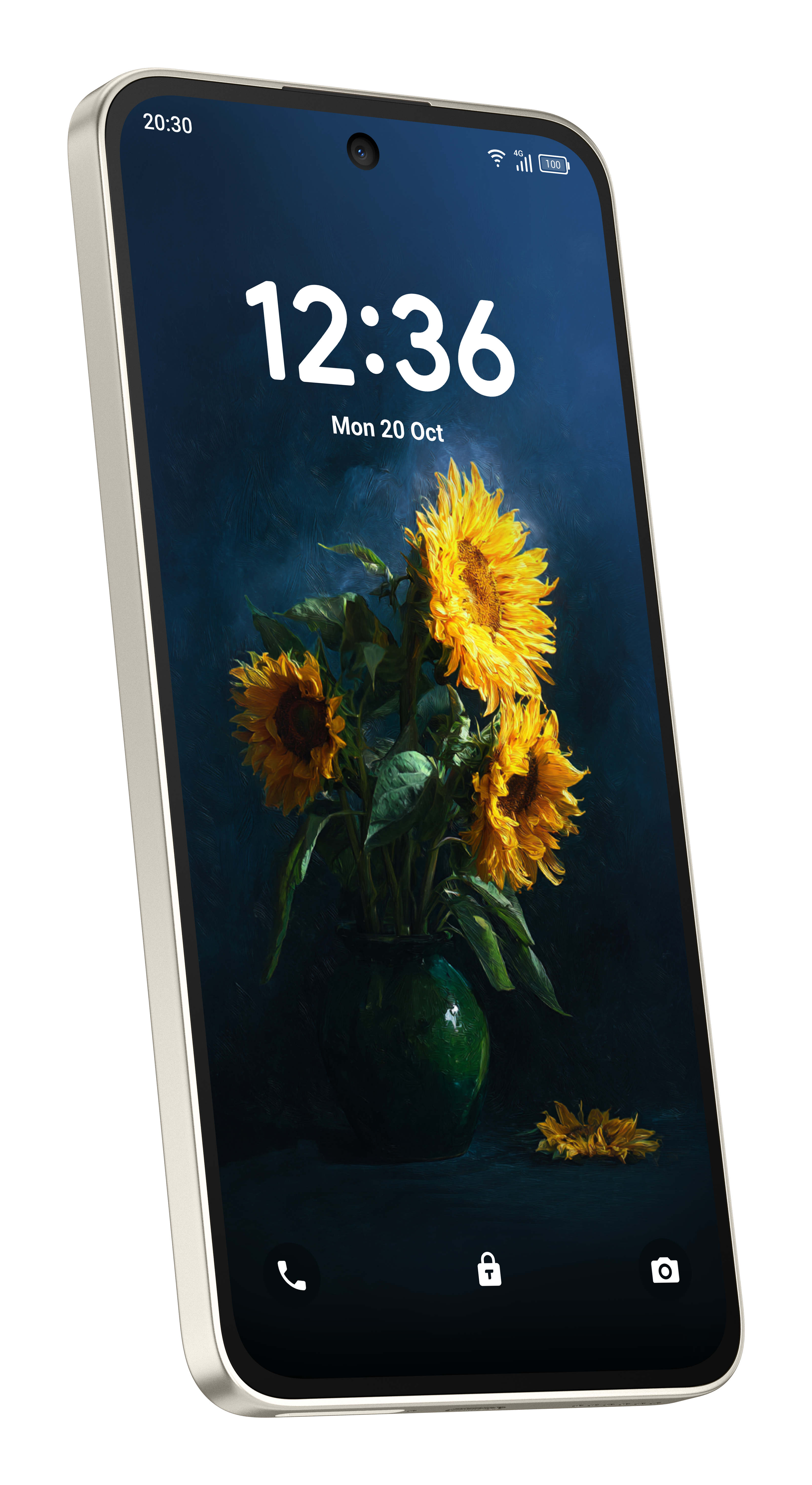 Uno smartphone mostra una schermata di blocco con girasoli in un vaso e l'ora 12:36.