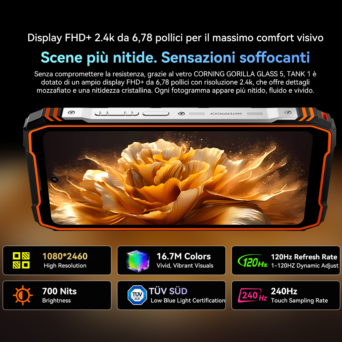Uno smartphone con cornice arancione e un motivo floreale sullo schermo.