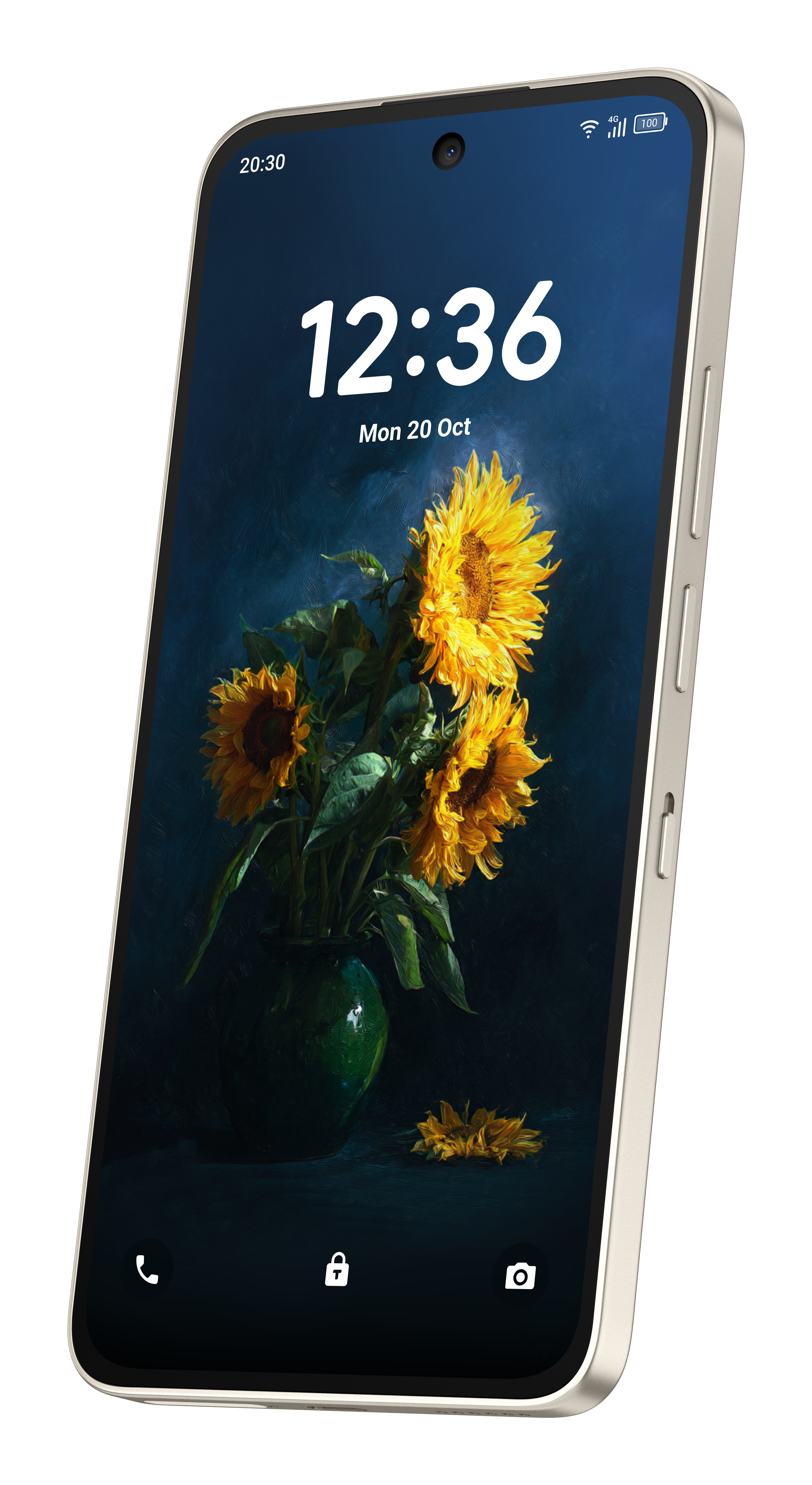 Uno smartphone con un bouquet di girasoli sullo schermo di blocco su sfondo scuro.