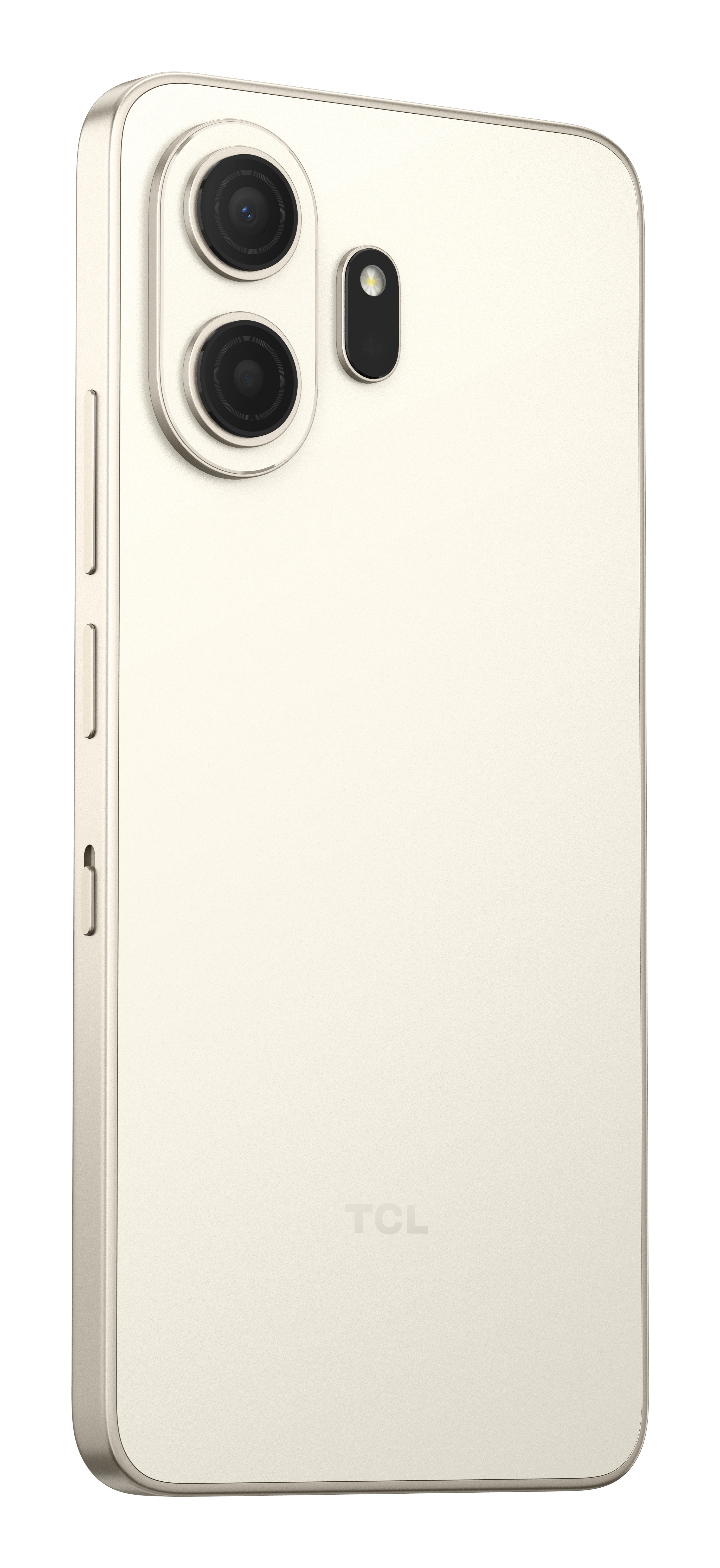 Uno smartphone color crema con doppia fotocamera e flash sul retro.
