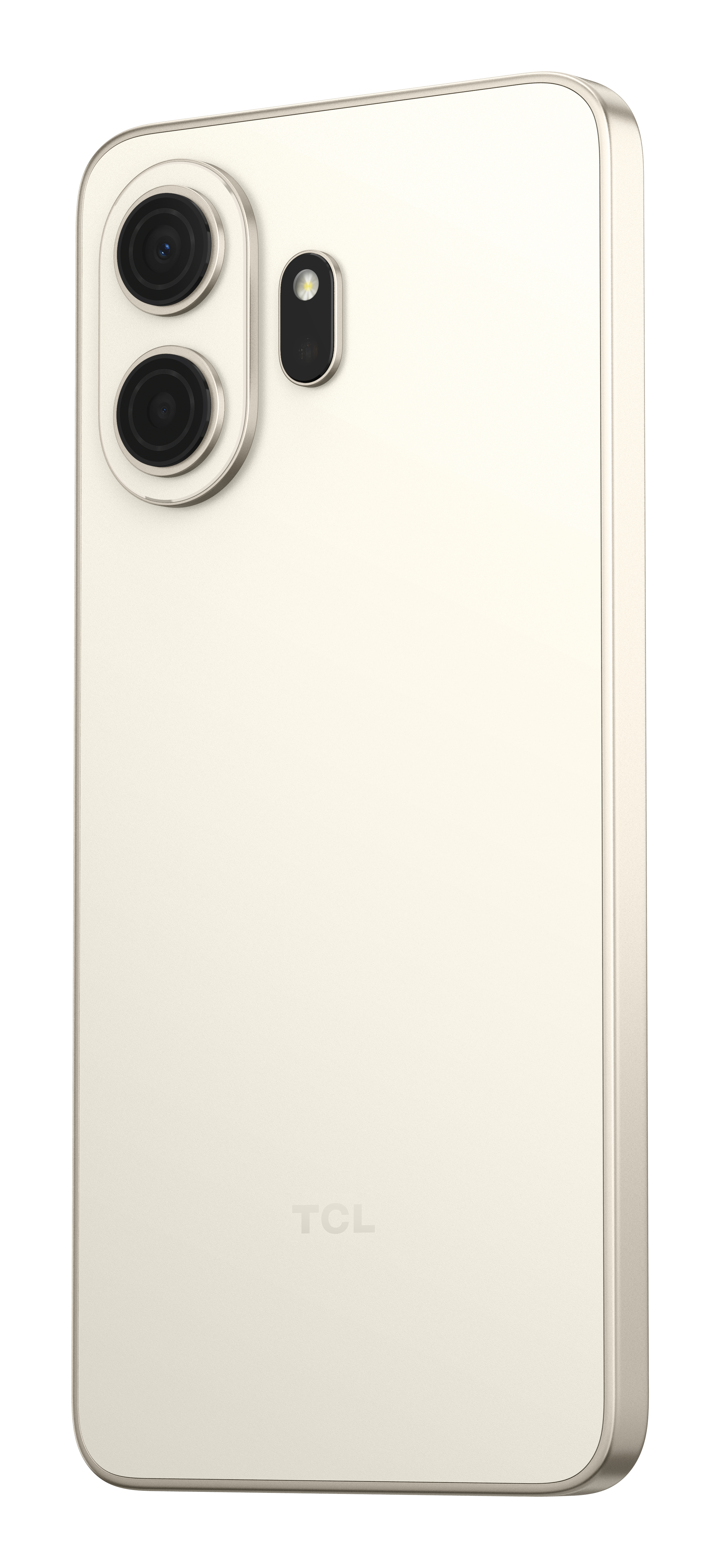 Retro di uno smartphone beige chiaro con due fotocamere e flash.