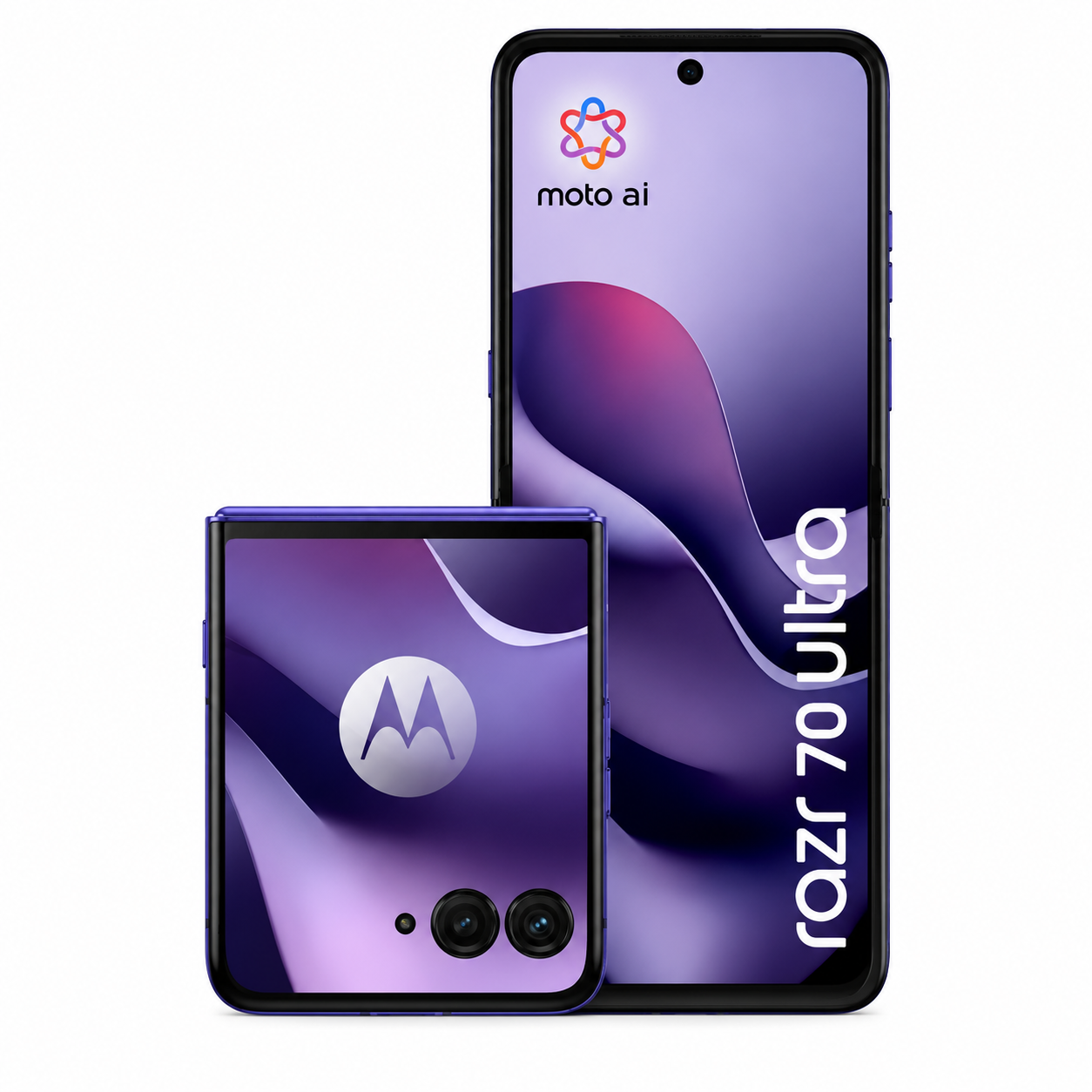 Uno smartphone Motorola Razr 70 Ultra viola, mostrato aperto e chiuso.