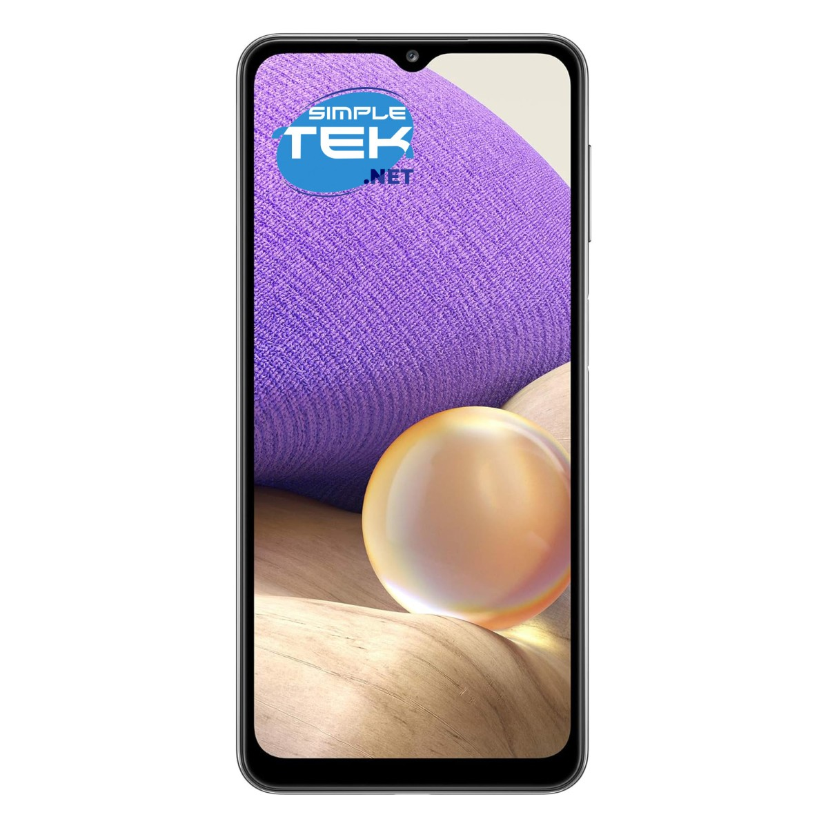 Uno smartphone con sfondo viola e una sfera di vetro.