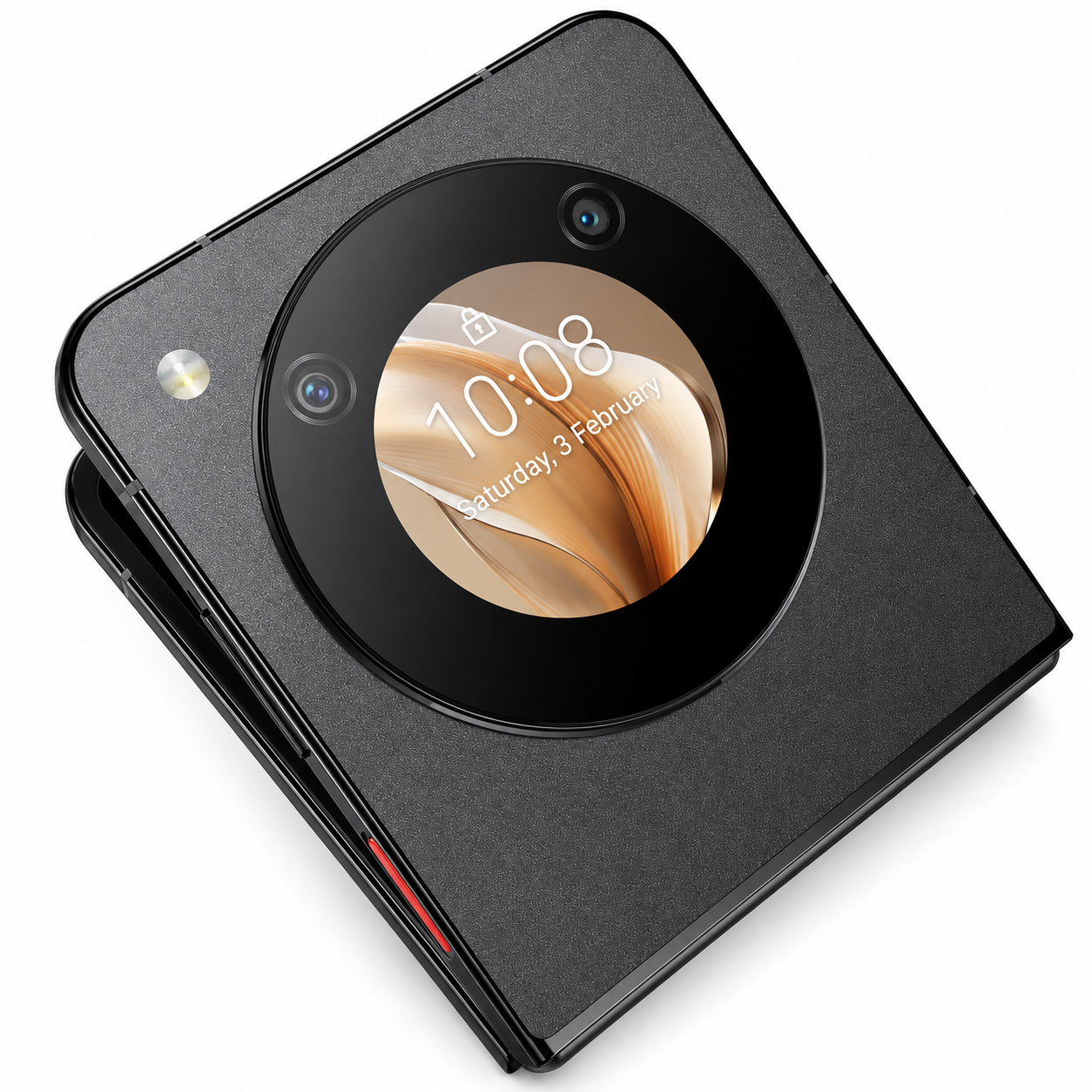 Uno smartphone nero con schermo rotondo che mostra le 10:08.
