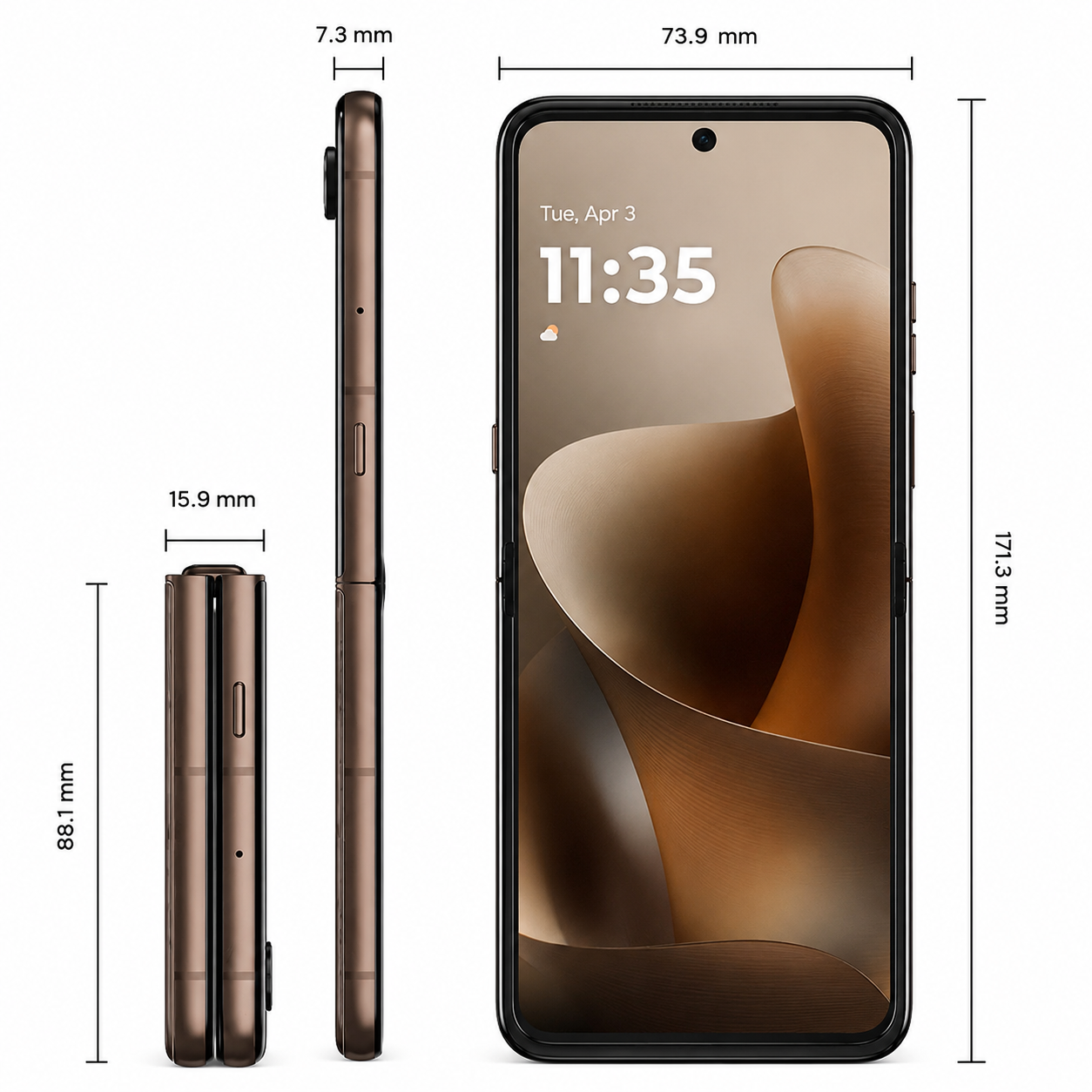 Un telefono pieghevole marrone con dimensioni: 88,1mm (chiuso), 15,9mm (chiuso), 7,3mm (aperto), 73,9mm (larghezza), 171,3mm (altezza).