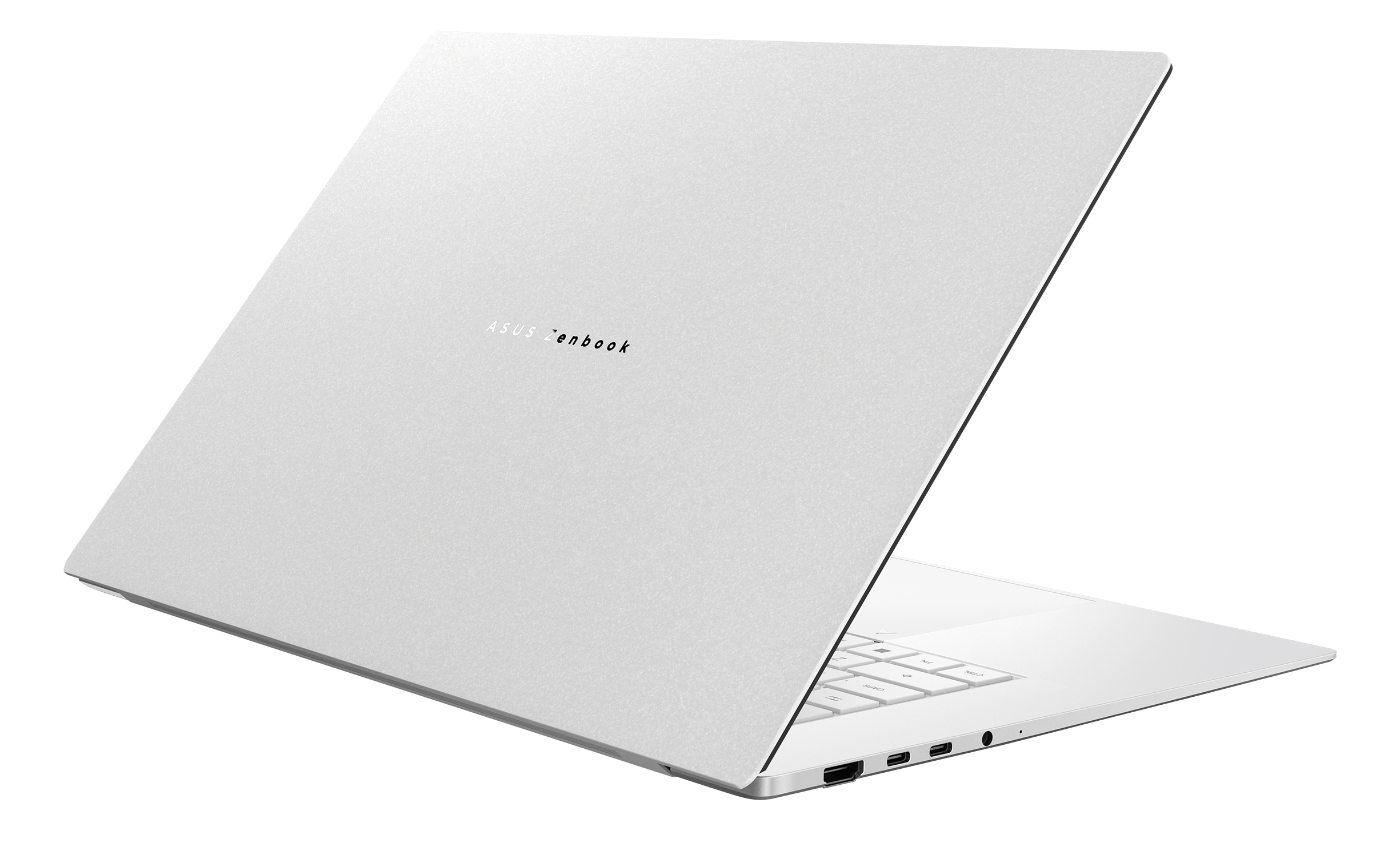 Un laptop ASUS Zenbook bianco è aperto, mostra tastiera e porte.