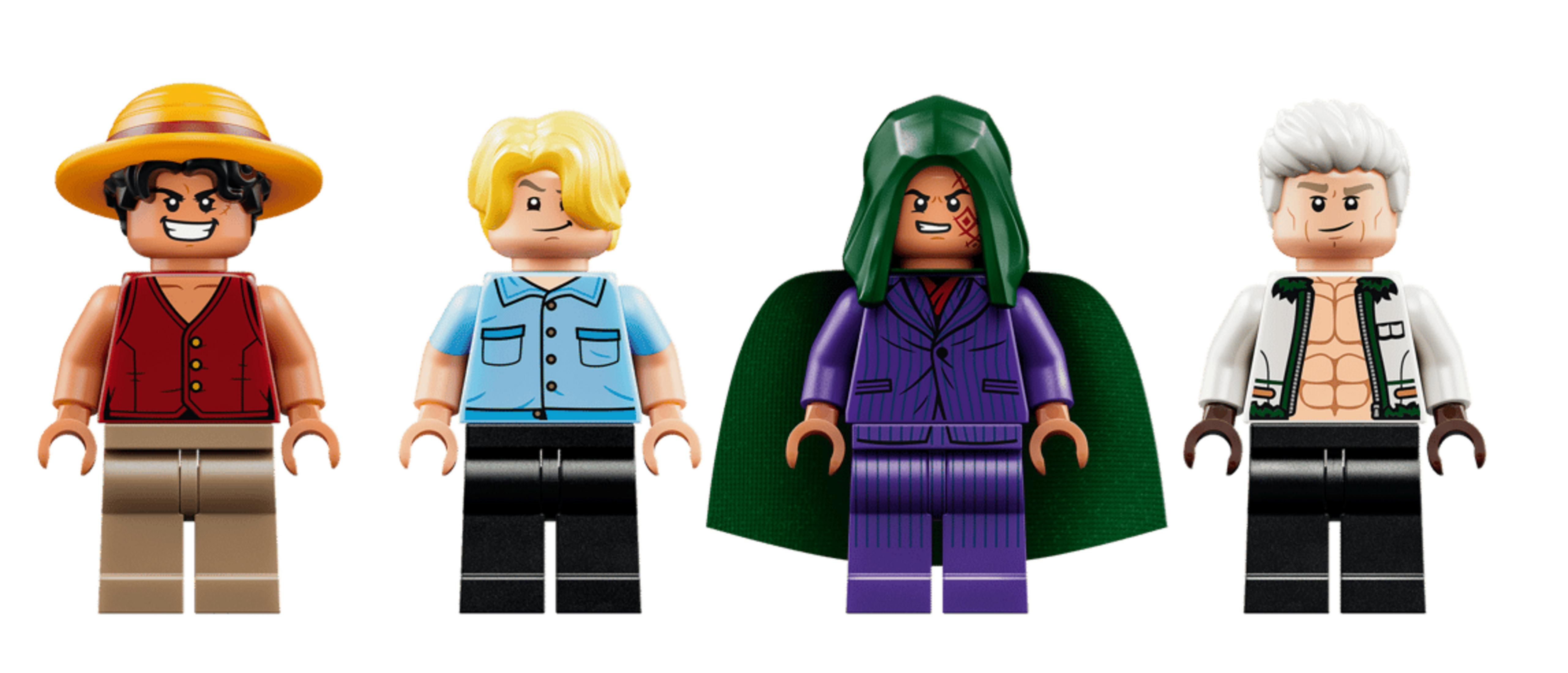 Quattro minifigure Lego: uomo con cappello, uomo in camicia blu, uomo con cappuccio, uomo con camicia aperta.