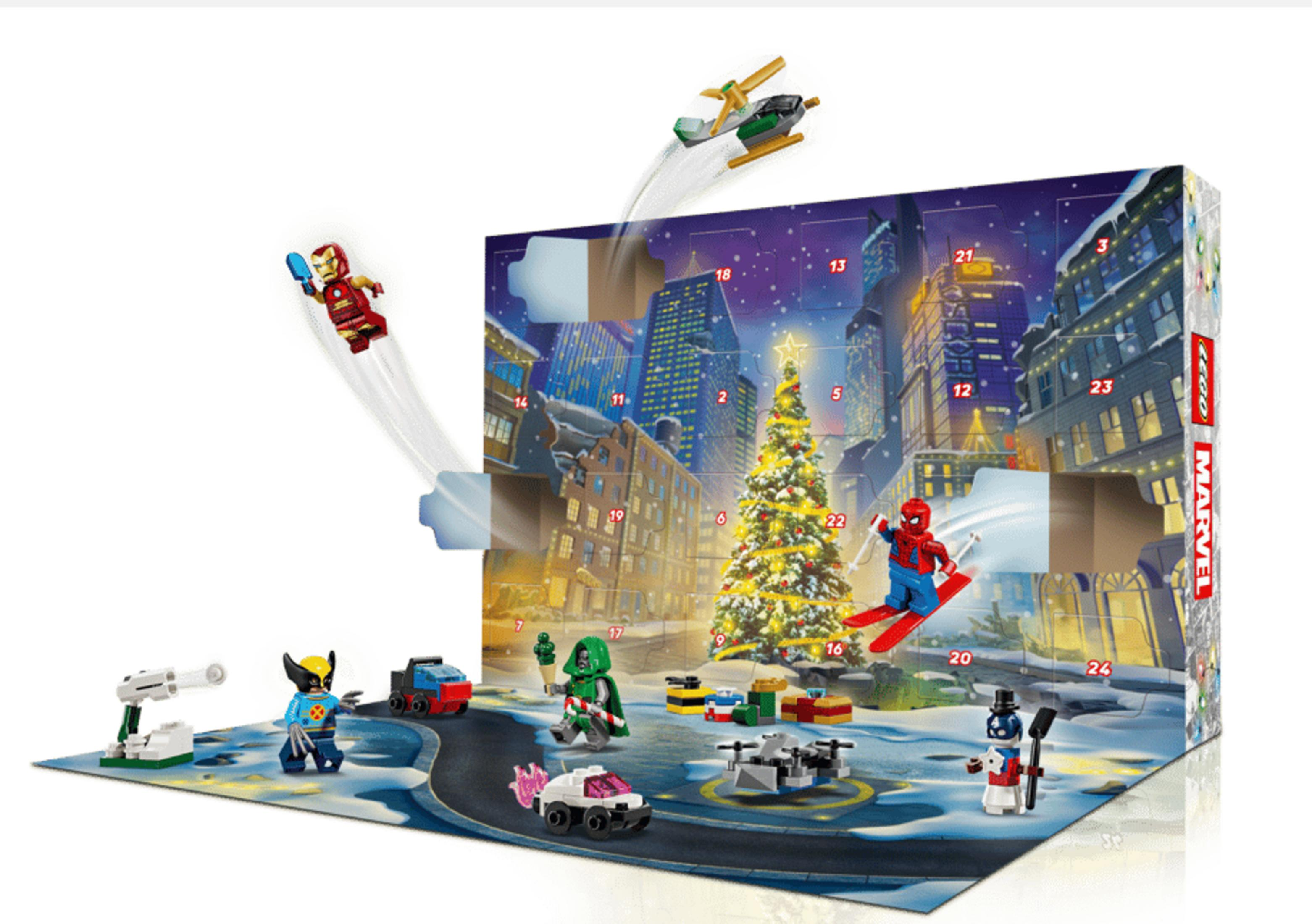 Calendario de adviento de Marvel con figuras y vehículos ante un paisaje urbano nevado.