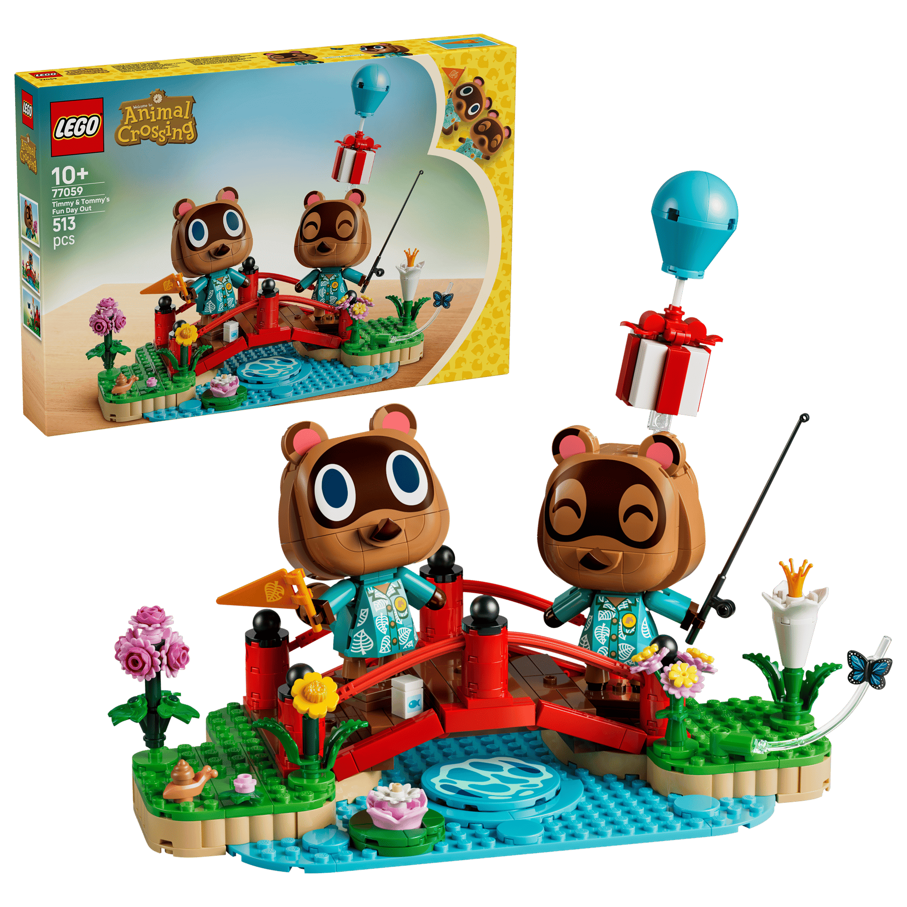 Set Lego: Due figure di procioni su un ponte rosso, un regalo con palloncino.
