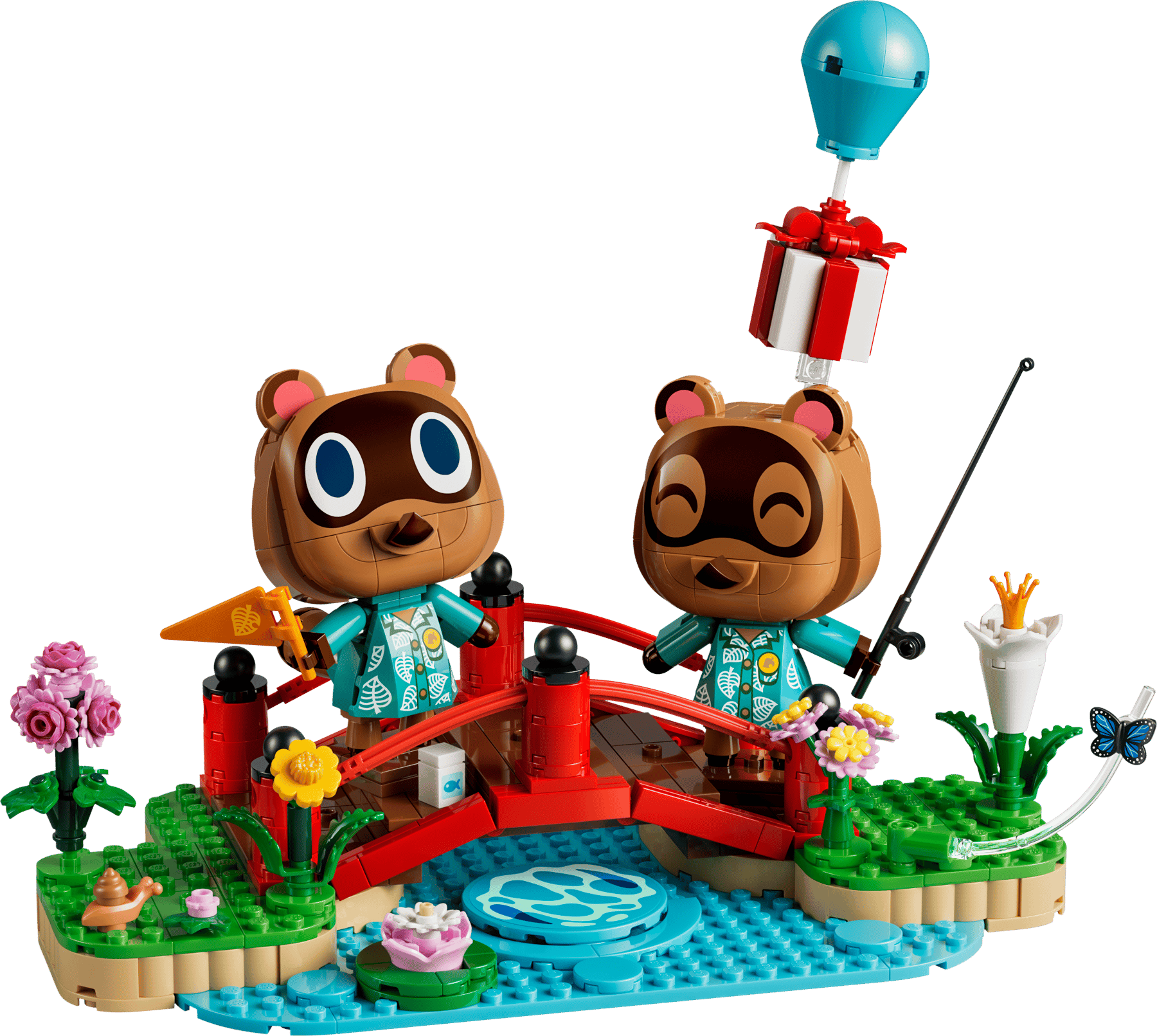 Due personaggi Lego su un ponte rosso con regalo e palloncino.