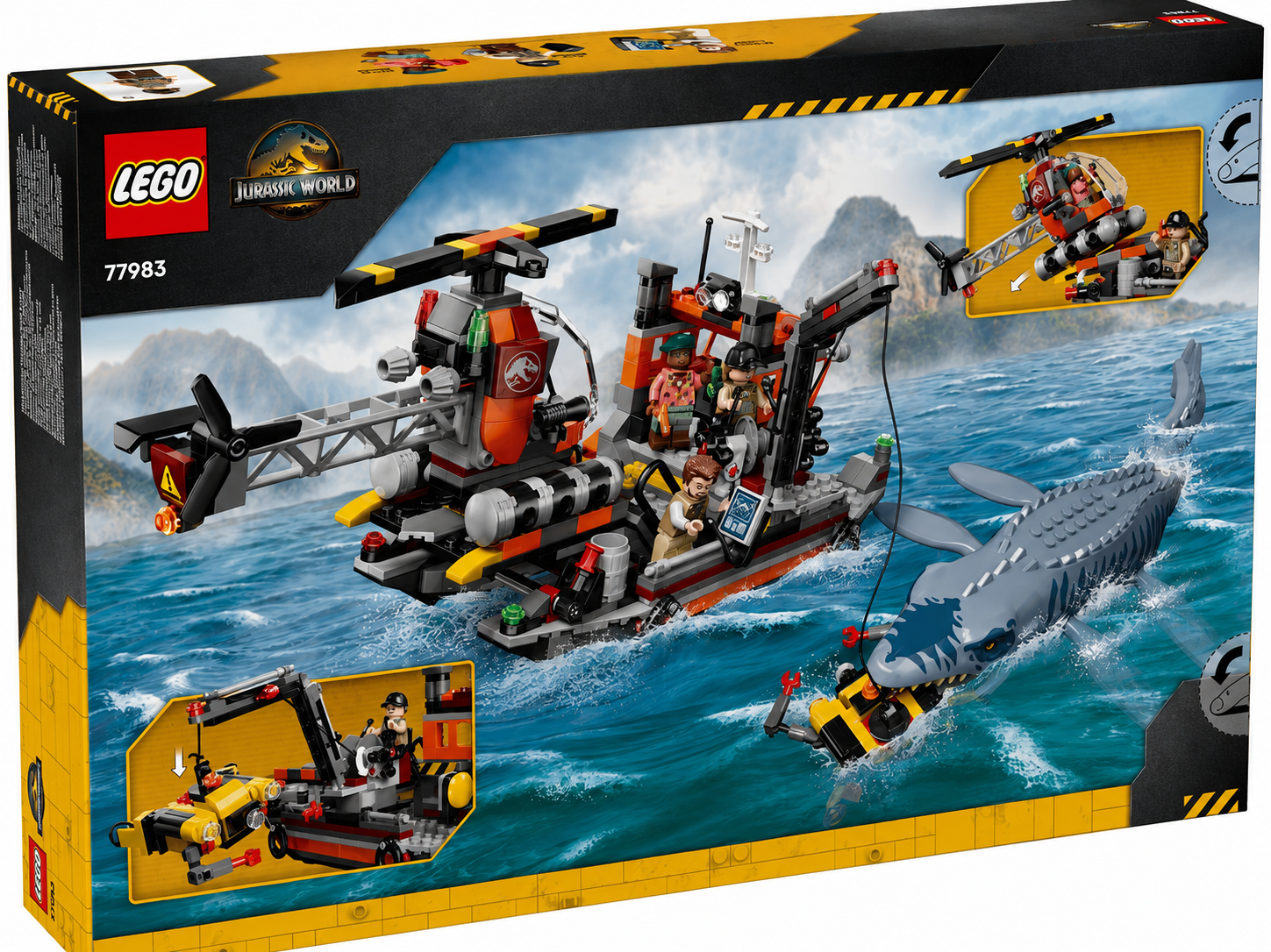 Set Lego Jurassic World: barca con elicottero, figure e mostro marino.