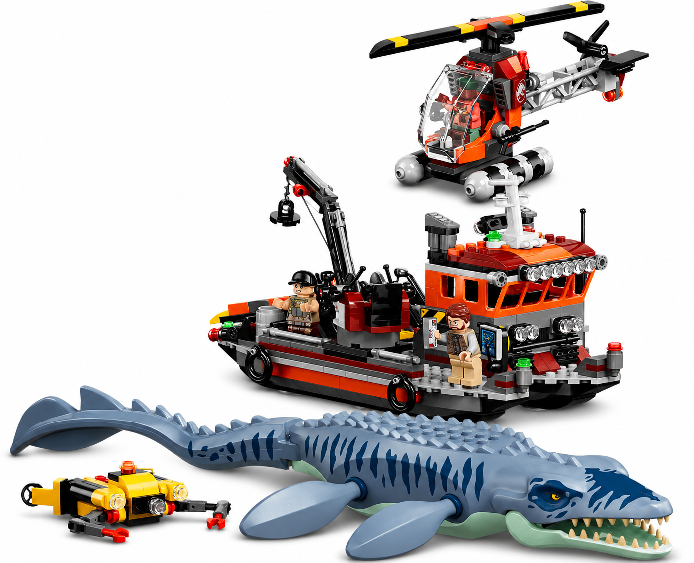 Elicottero Lego, barca, sottomarino e giocattolo dinosauro blu su sfondo bianco.