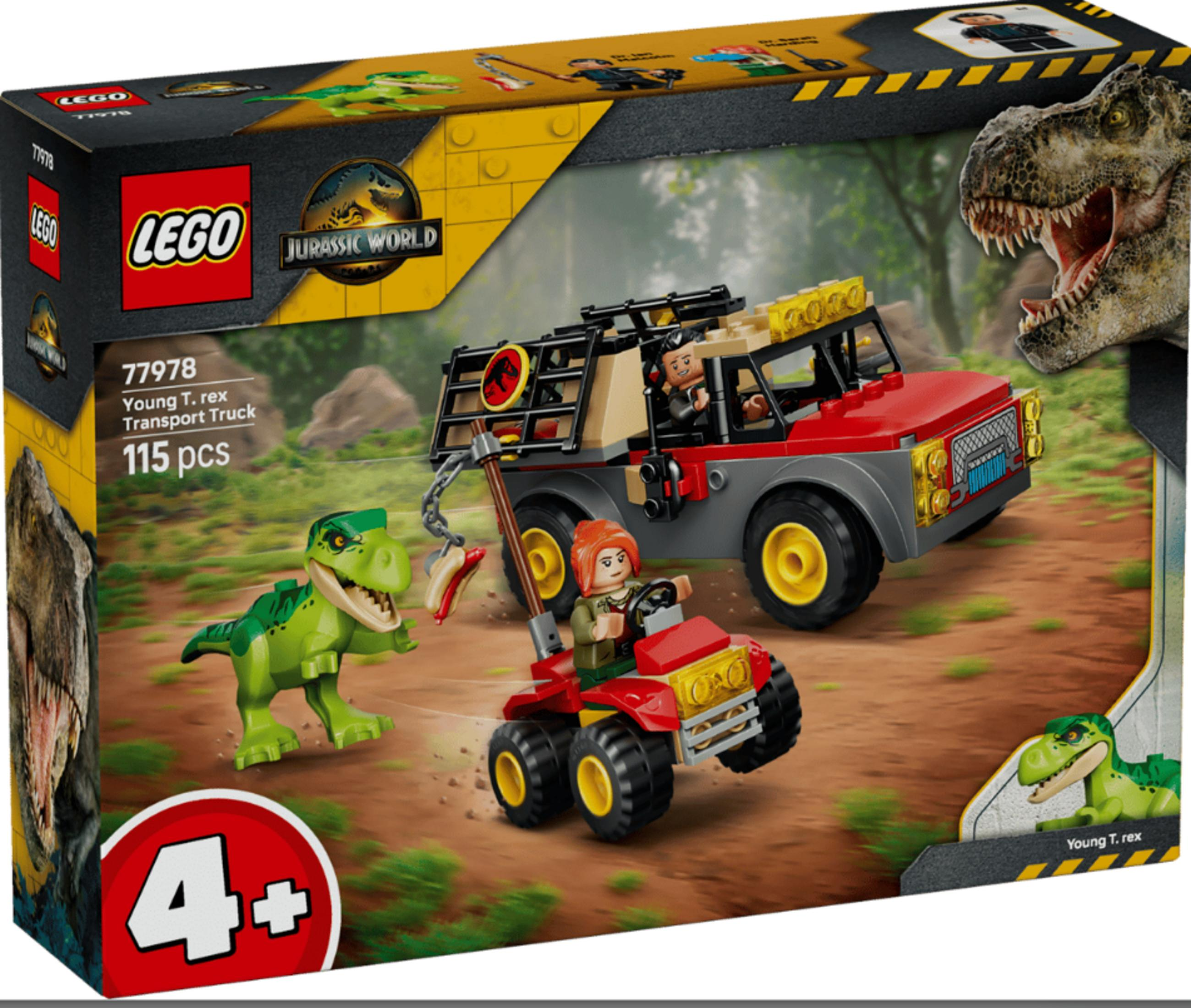 Set LEGO Jurassic World con veicoli, dinosauri e figure su terreno sabbioso.