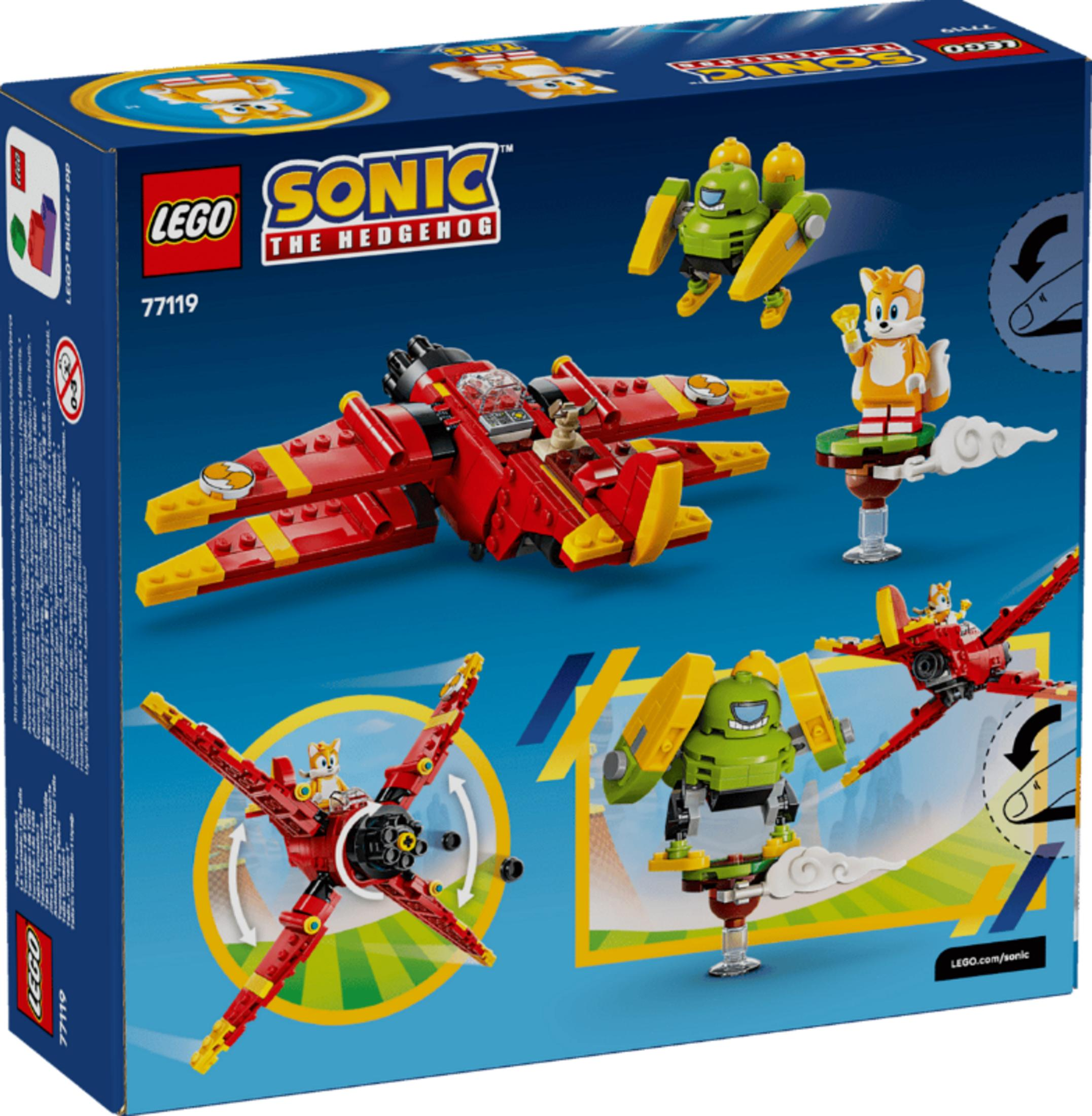 Caja de juguetes LEGO Sonic con avión, robot y figura de Tails.