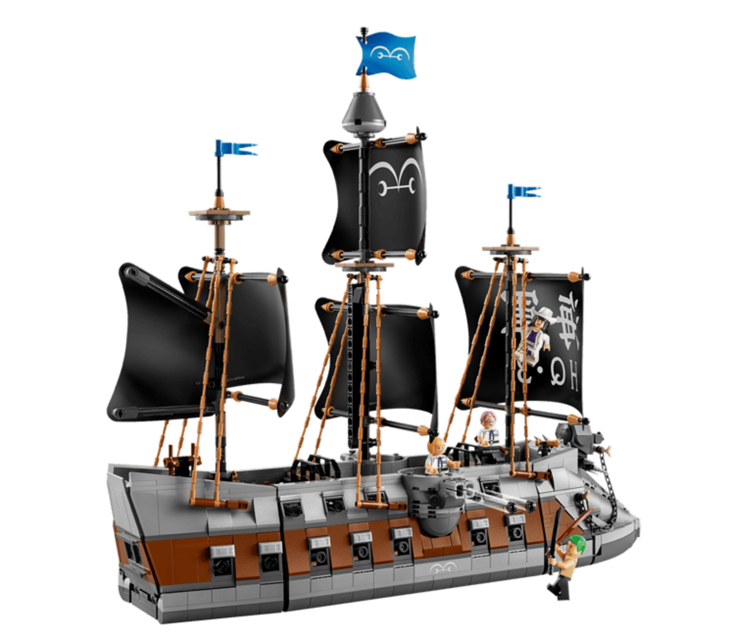Un barco pirata de Lego con velas negras y minifiguras sobre fondo blanco.