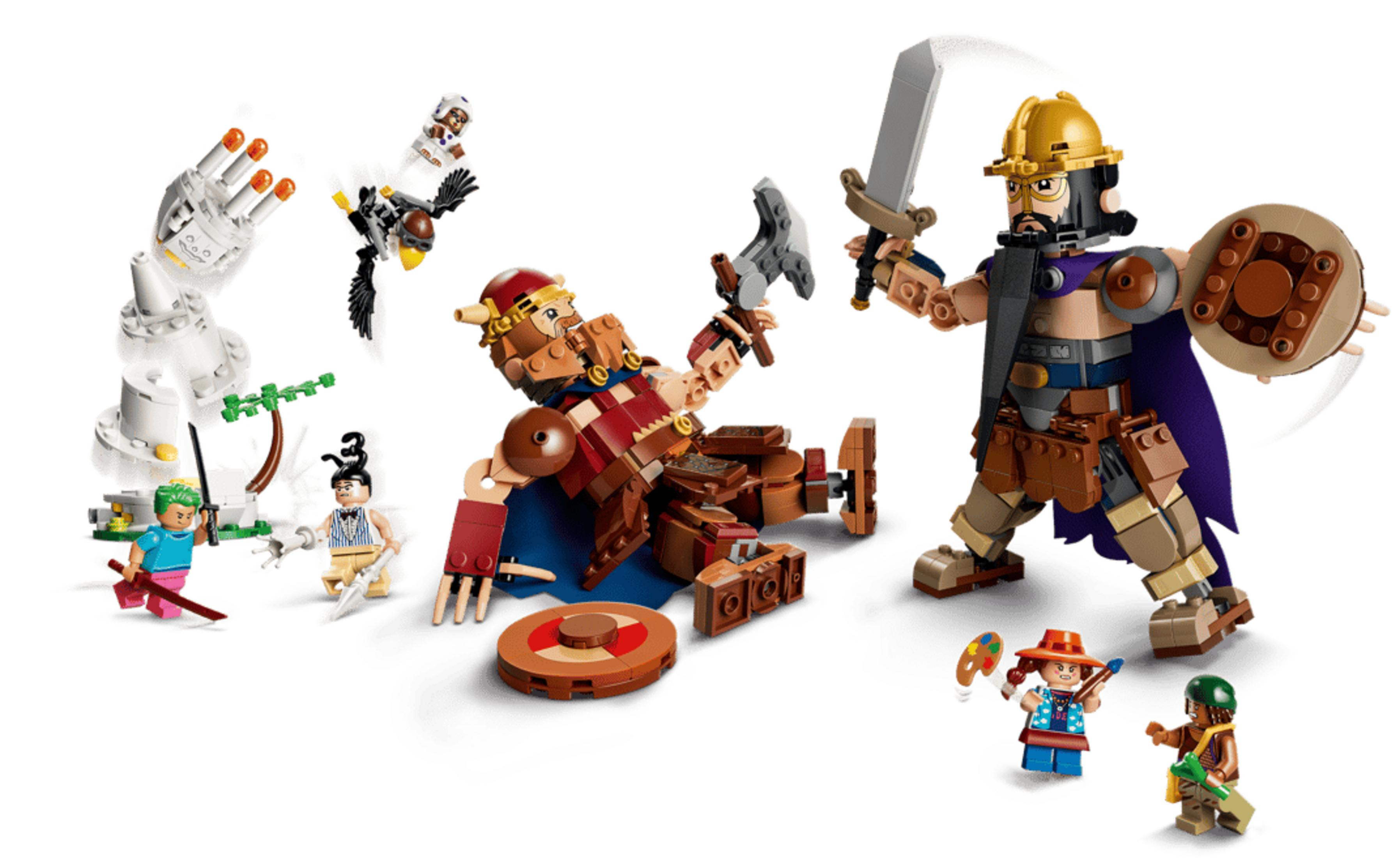Figuras de Lego luchan con armas y un pájaro, una figura pinta.