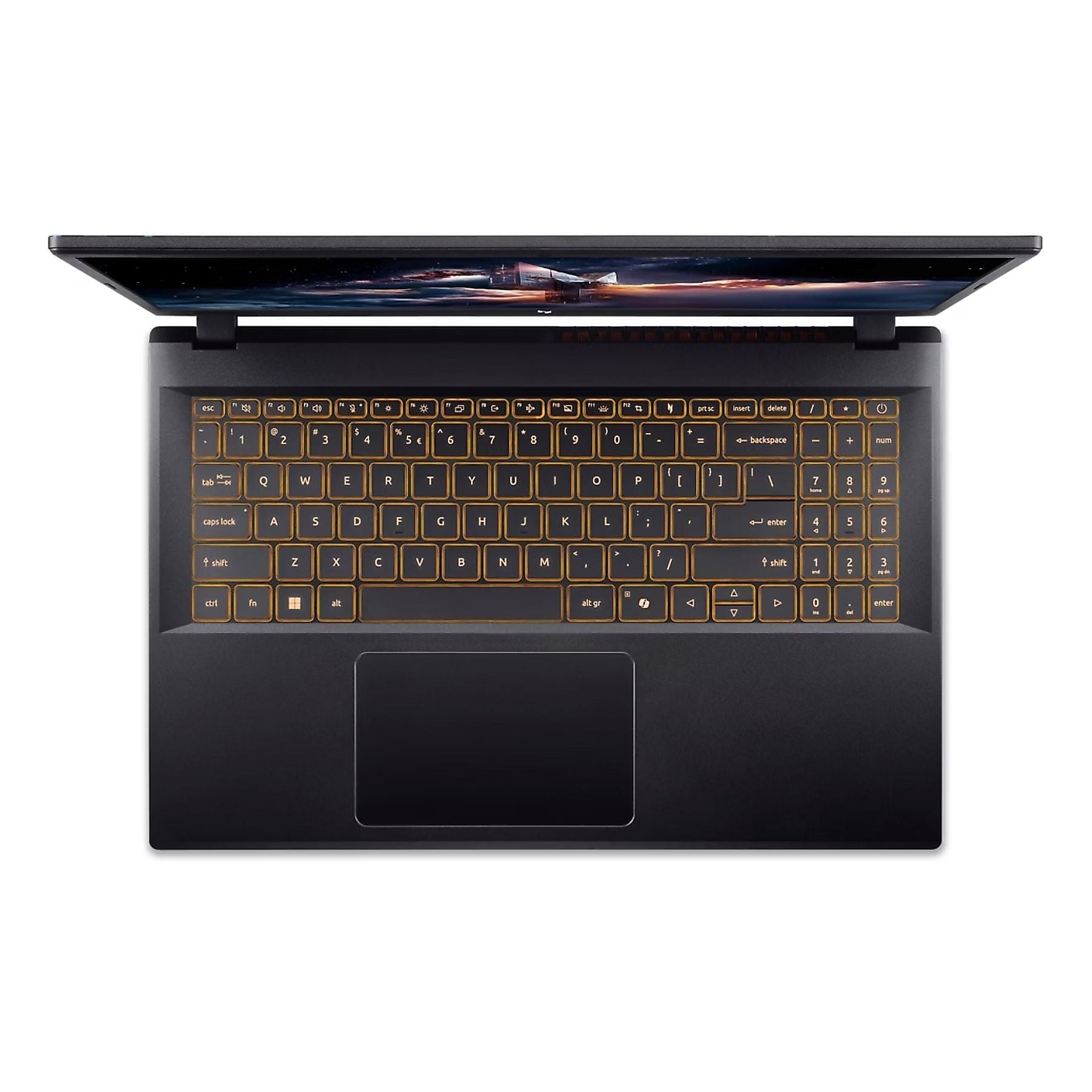 Un laptop scuro con tastiera retroilluminata e schermo aperto.